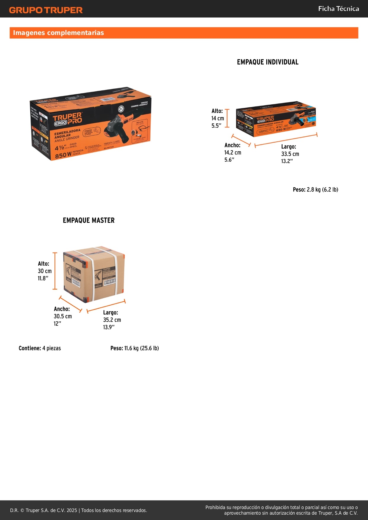 Combo Esmeriladora Profesional 4-1/2" 850W ERGO-PRO + Flexómetro 5.5m + Lentes Seguridad - Kit Completo Herramientas