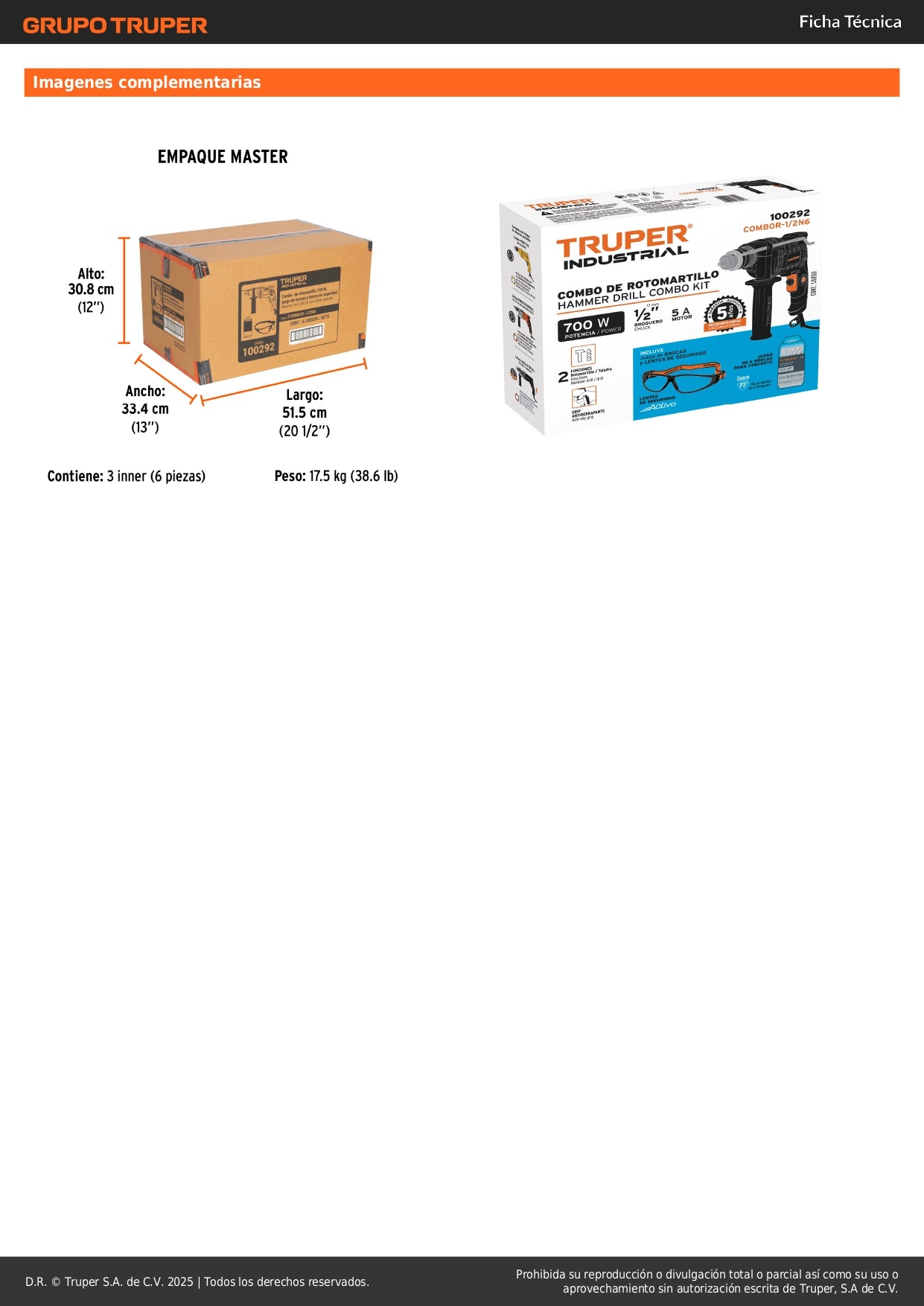 Combo Rotomartillo Industrial 1/2" 700W + 6 Brocas Carburo Tungsteno + Lentes Seguridad - Perforación Profesional Concreto y Mampostería - COMBOR-1/2N6
