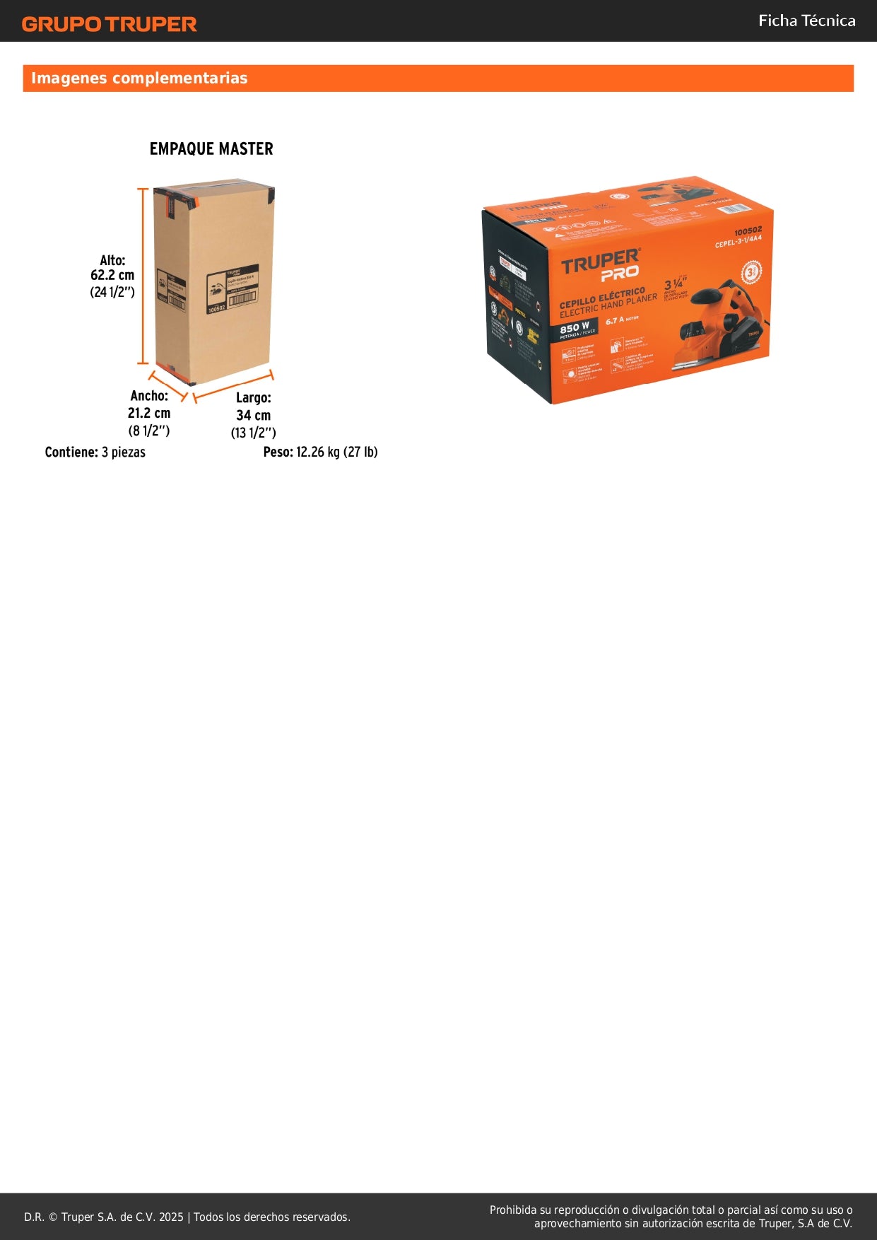 Cepillo Eléctrico TRUPER 3-1/4" 850W CEPEL-3-1/4A4 - Cepillado Profesional de Madera con Cuchillas de Carburo de Tungsteno para Carpintería y Acabados Finos