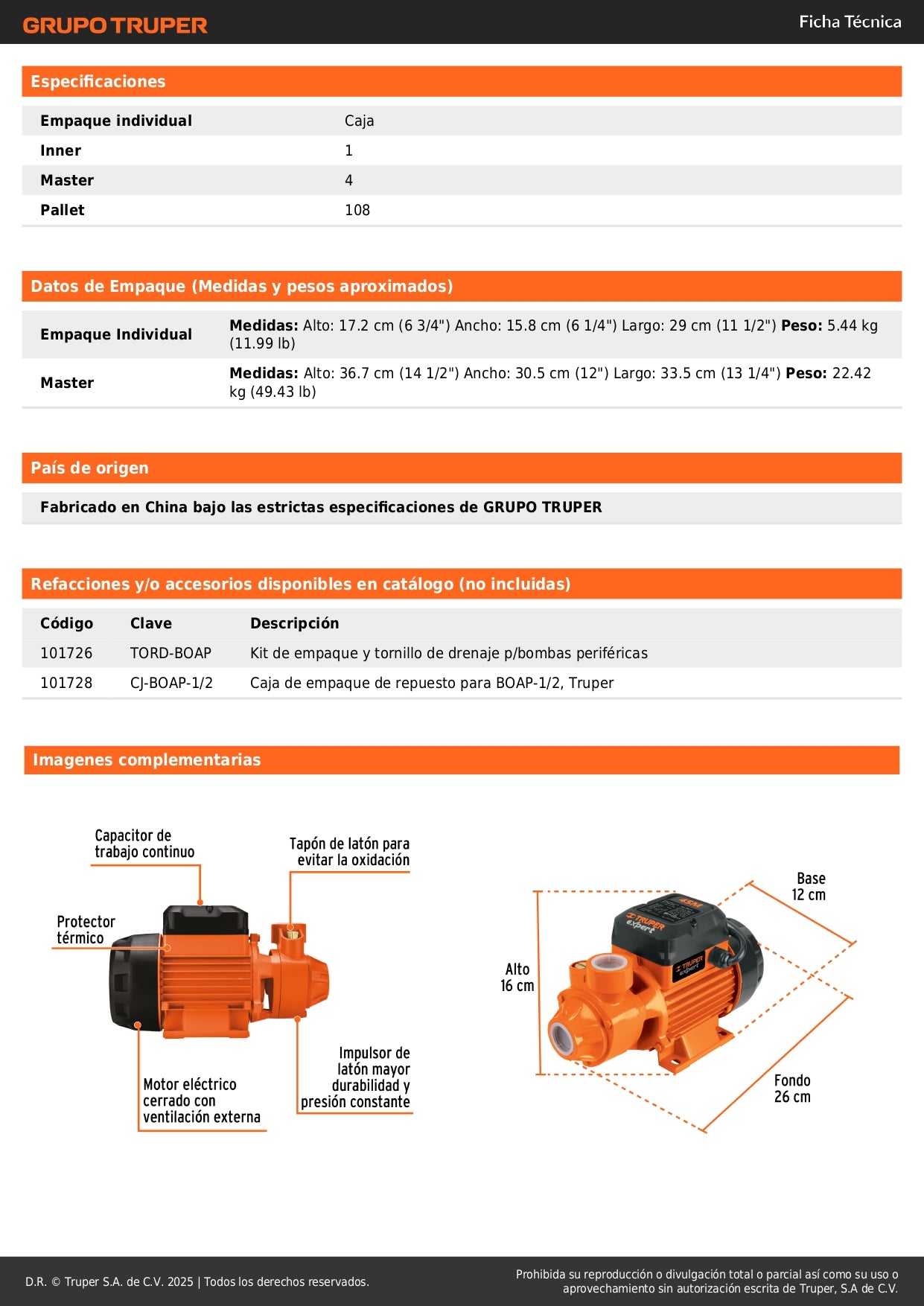 Bomba Periférica EXPERT 1/2HP 45m Altura Máxima - Bombeo Agua Limpia Uso Agrícola BOAP-1/2