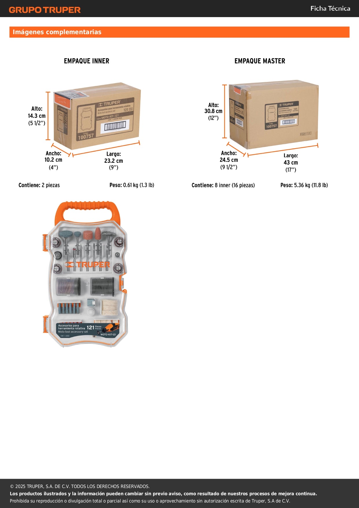 Kit accesorios para herramienta rotativa, 121 piezas, TRUPER