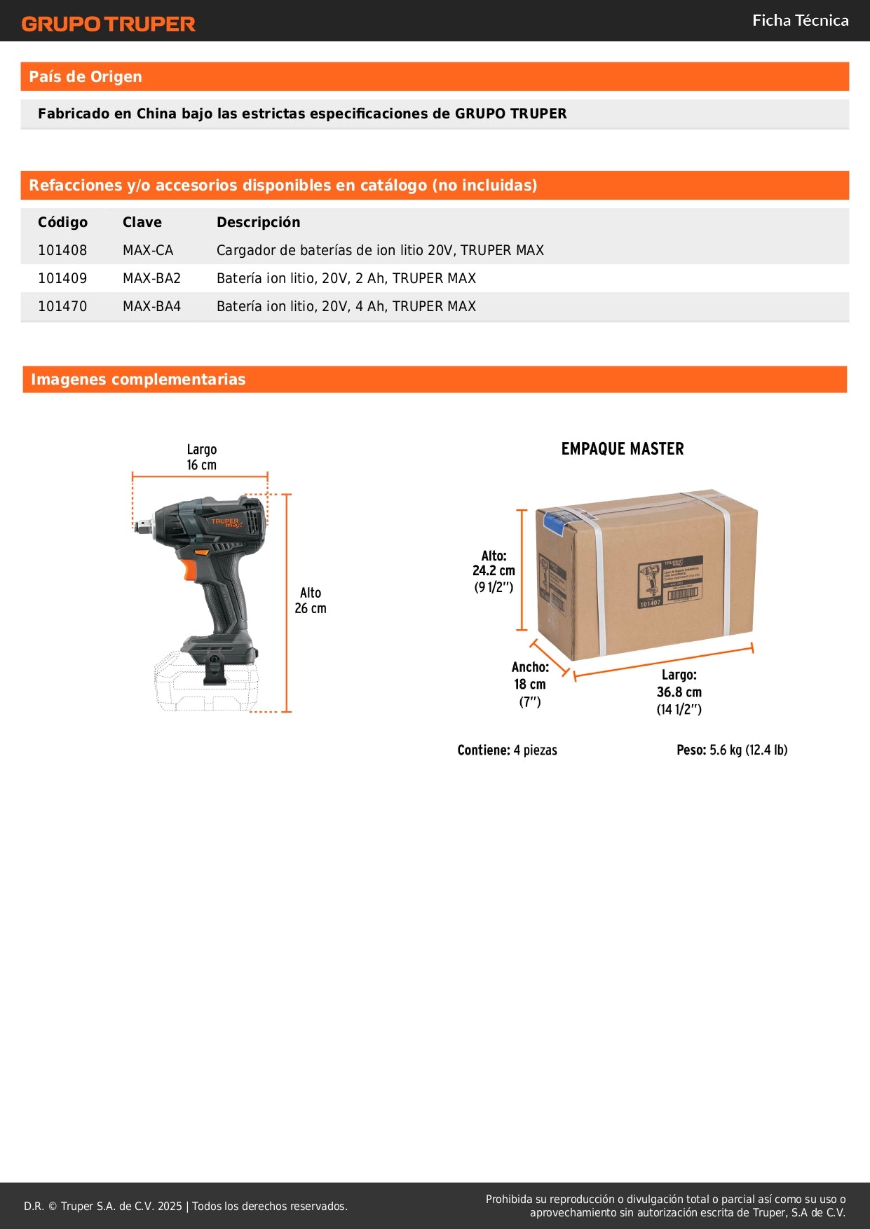 Llave de Impacto Inalámbrica 1/2" 20V 155 lb/ft MAX-20LS Brushless - Solución Profesional para Tornillos y Tuercas de Alta Resistencia