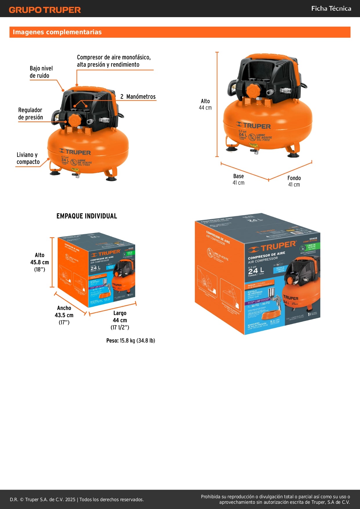 Kit Compresor de Aire Libre de Aceite 24L TRUPER con Pistola LVMP y Manguera 5m - Solución Completa para Pintura y Trabajos Neumáticos Profesionales - 2 2/3 HP 127V