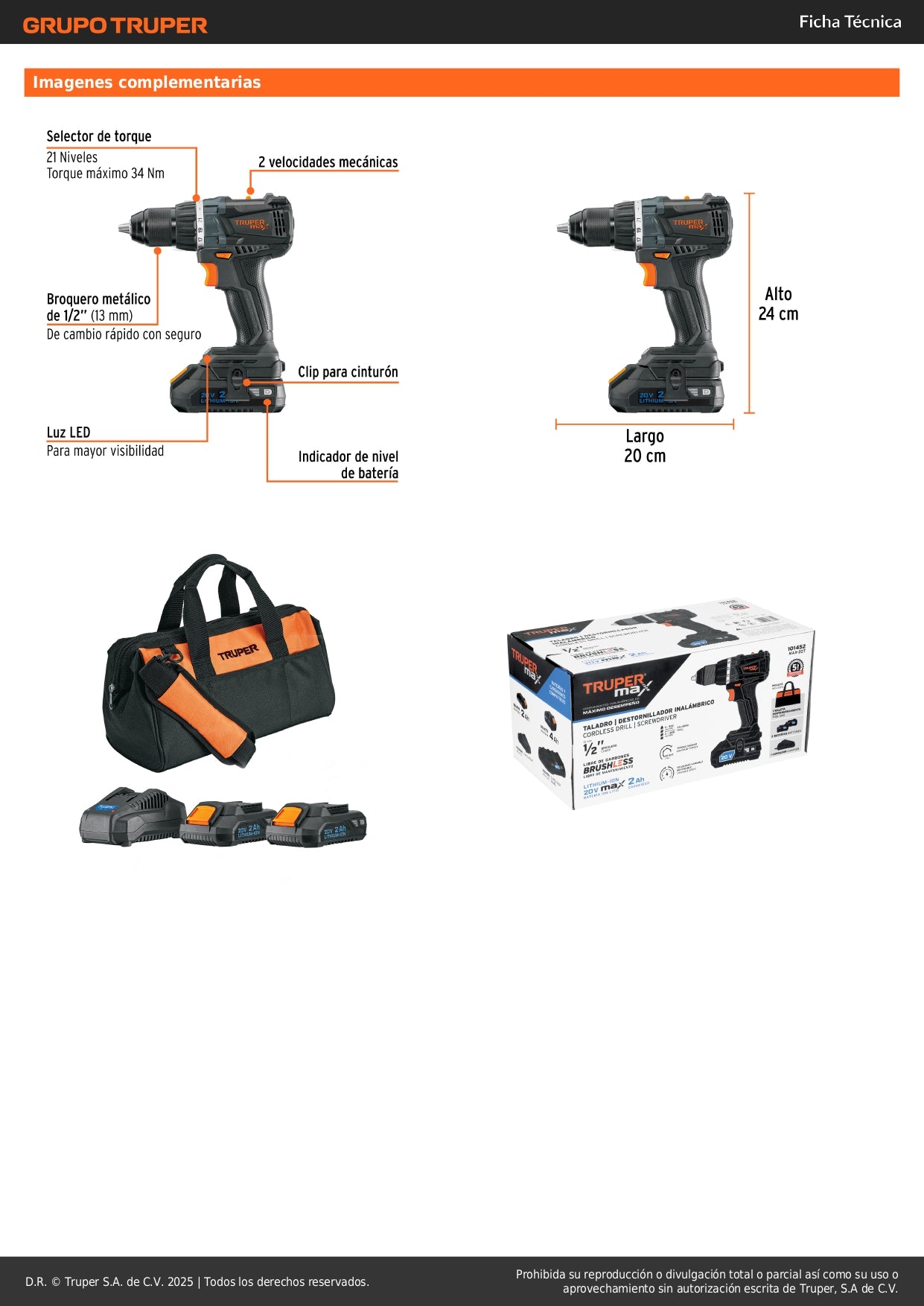 Taladro Inalámbrico Profesional 20V MAX-20T Brushless - 2 Baterías 2Ah - Solución Completa para Perforación Eficiente - TRUPER®