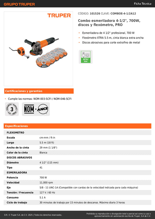 Combo Esmeriladora Angular 4-1/2 Pulgadas 700W + Flexómetro 5.5m + Discos Corte Metal - Kit Profesional Completo para Corte Preciso y Medición