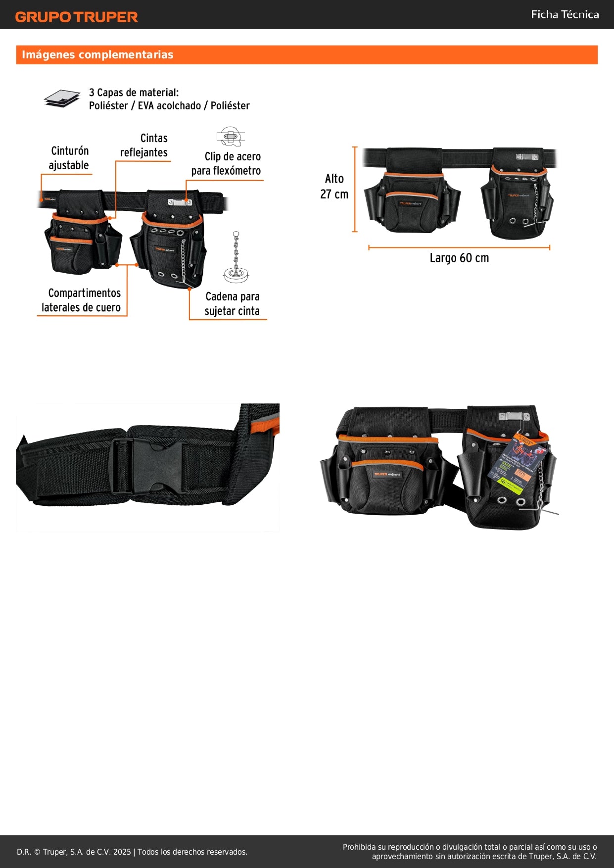 Porta Herramientas Profesional Expert POHE-16NX - 16 Compartimentos Poliéster 1600D - Organiza y Protege Herramientas con Cintas Reflejantes