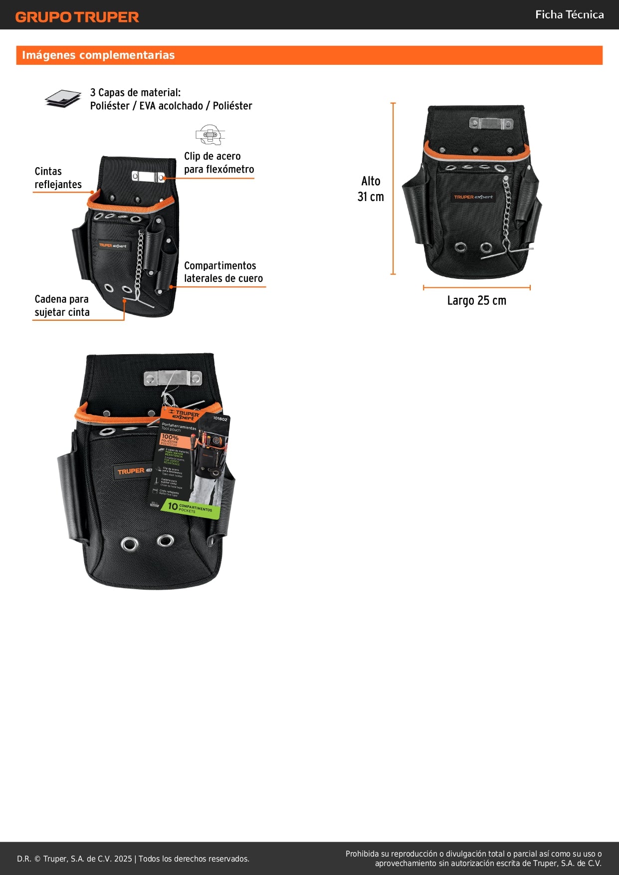 Porta Herramientas Expert POHE-10NX - 10 Compartimentos Poliéster 1600D - Organiza y Protege Herramientas Profesionales