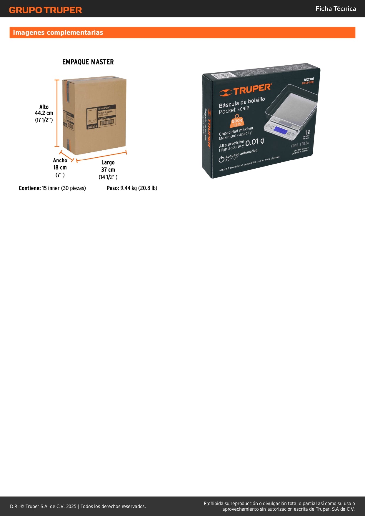 Báscula Electrónica Digital de Precisión 500g Truper BASE-05B - Ideal para Cocina, Joyería y Laboratorio con Display LCD y Función TARA