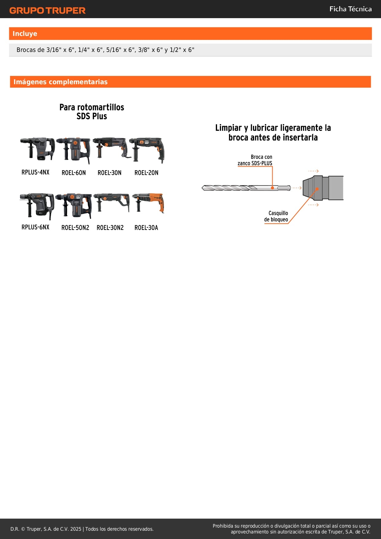 Juego de 5 brocas para concreto SDS Plus, TRUPER