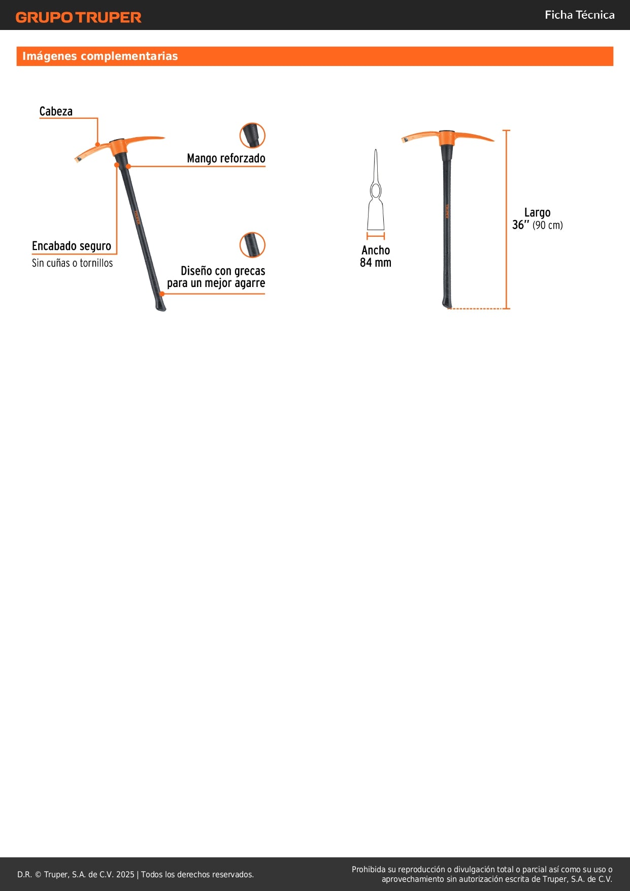 Talacho Pico 4 lb Mango Fibra de Vidrio 36" Truper TP-4M - Herramienta Profesional para Excavación en Suelo Duro y Ruptura de Superficies Rocosas - Cabeza Forjada Acero Carbono