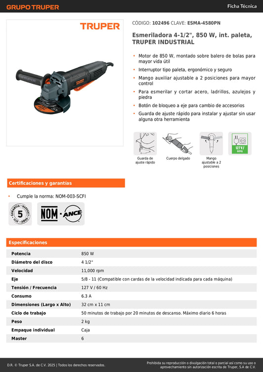 "Esmeriladora Angular TRUPER INDUSTRIAL 4.5" 850W - Motor Balero Bolas, Interruptor Paleta, Mango Ajustable - Corta y Esmerilar Acero, Ladrillo, Azulejo, Piedra - ESMA-4580PN"