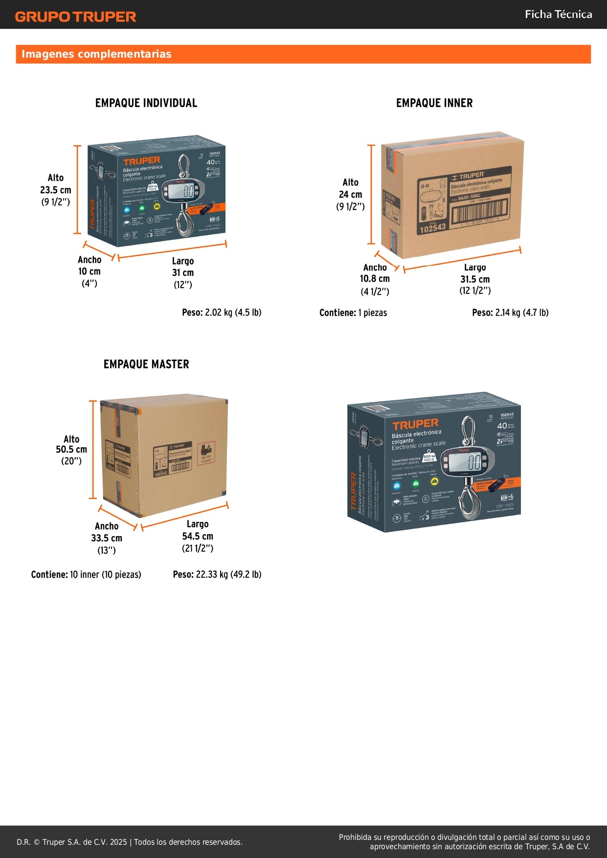 Báscula Electrónica Colgante Industrial 500kg Truper BASE-500C - Recargable con Display LCD y Control Remoto para Carnicerías y Rastros