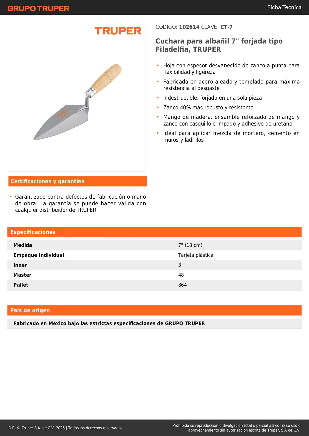 Cuchara Albañil 7 Pulgadas TRUPER CT-7 Forjada Filadelfia - Aplicación Profesional Mortero Cemento Construcción