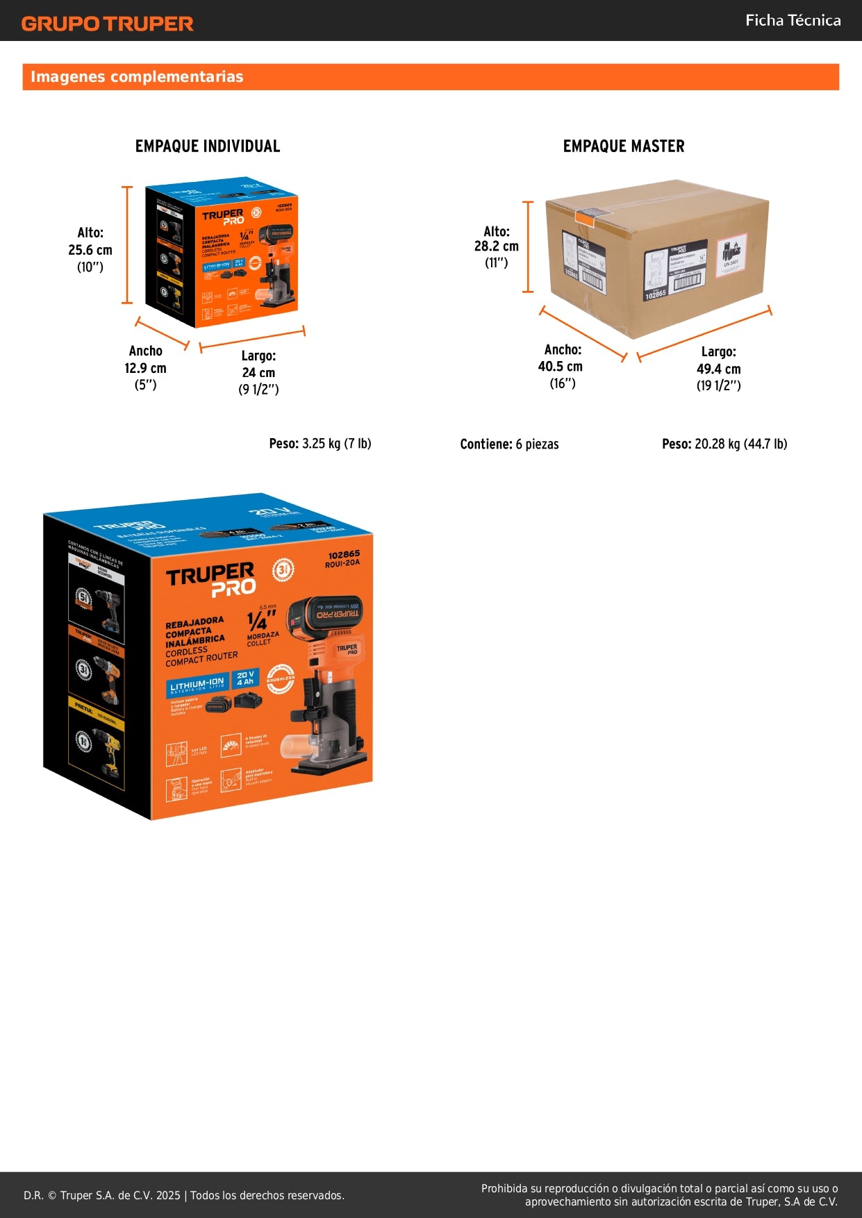 Router Rebajadora 1/4 Inalámbrica Brushless TRUPER PRO ROUI-20A - Batería 4Ah Velocidad Variable LED