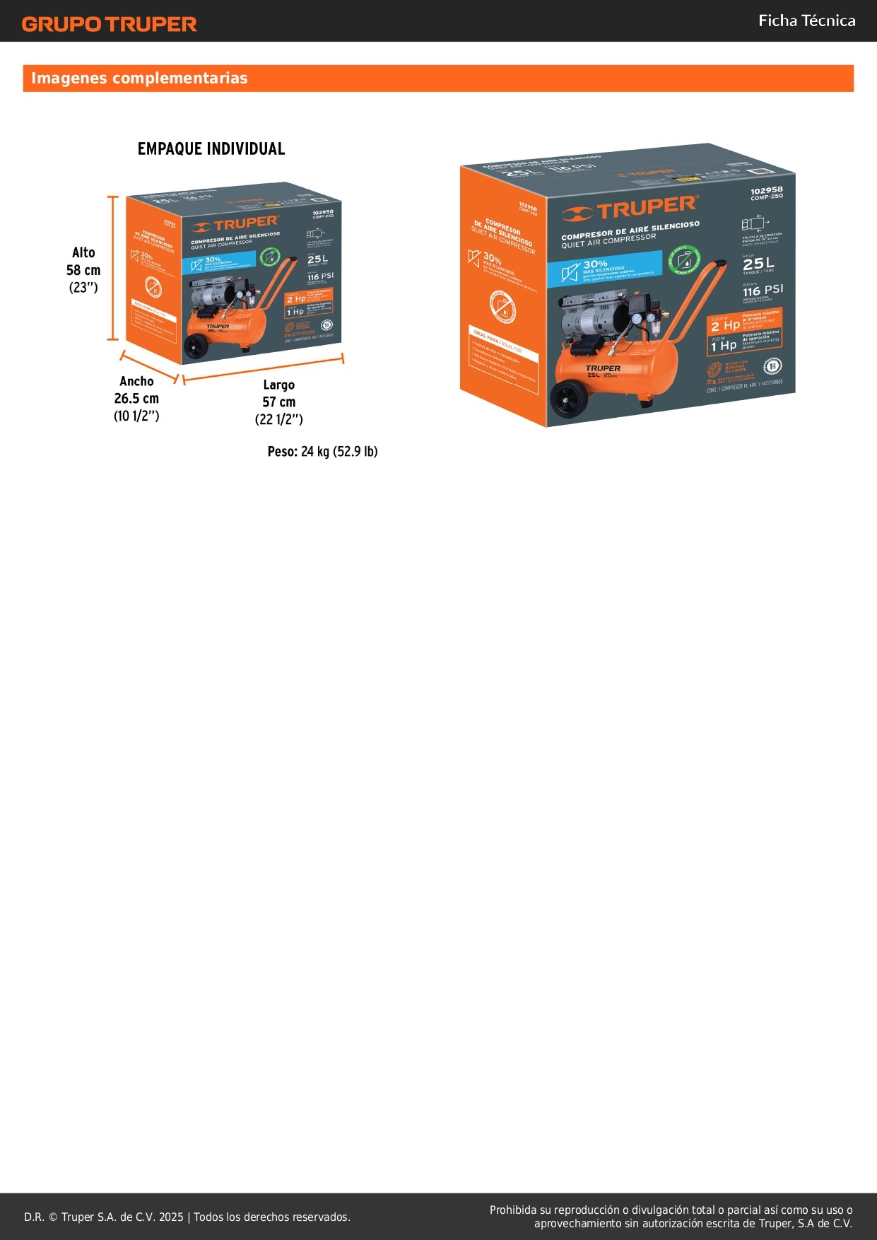 Compresor de Aire Silencioso Libre de Aceite 25L 2HP - Solución Profesional Anti-Vibración para Talleres y Herramientas Neumáticas - COMP-25Q