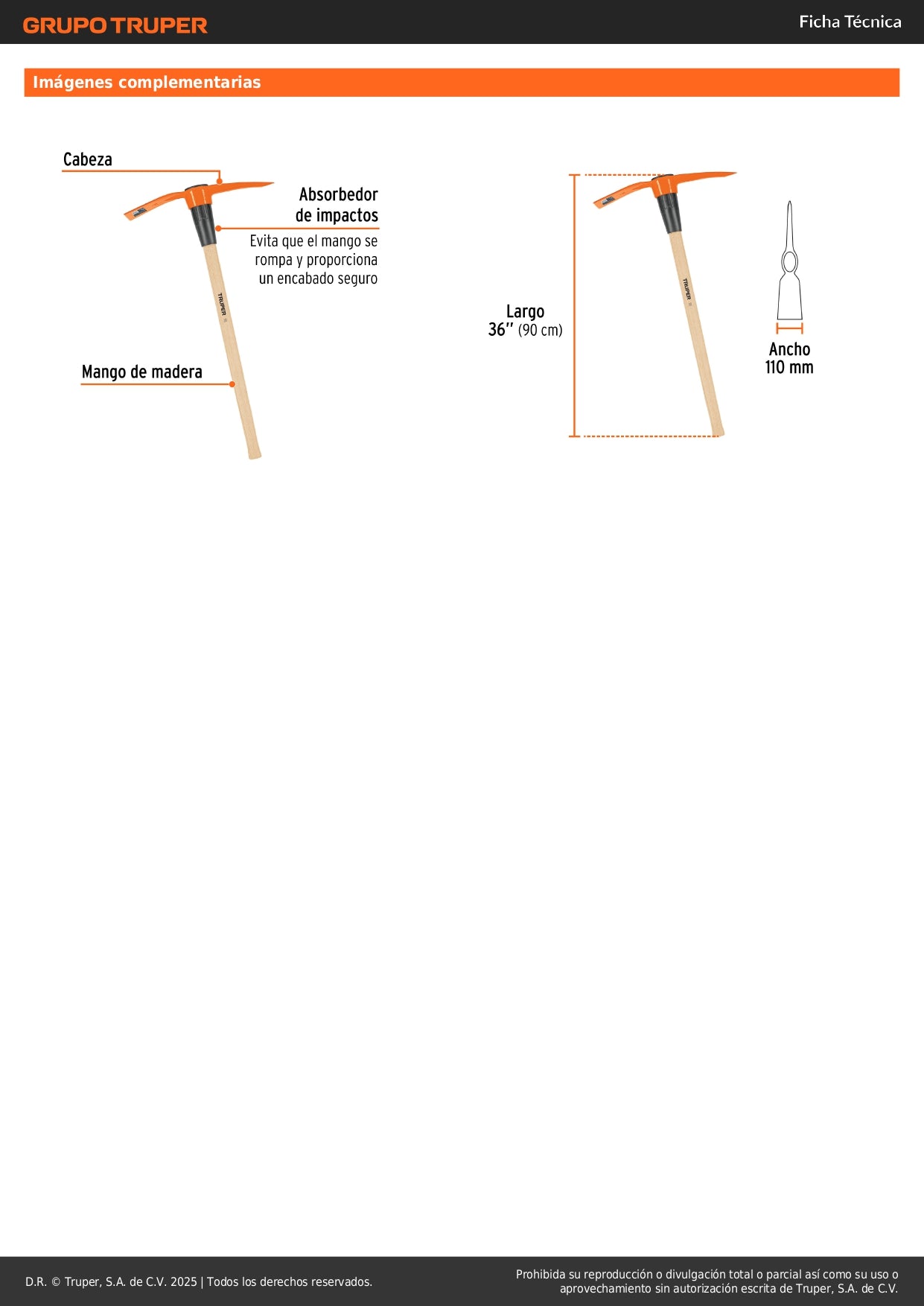 Talacho-Pico Truper 5 lb Mango Madera 36" - Herramienta Excavación Suelo Duro y Demolición Rocas TP-5MM