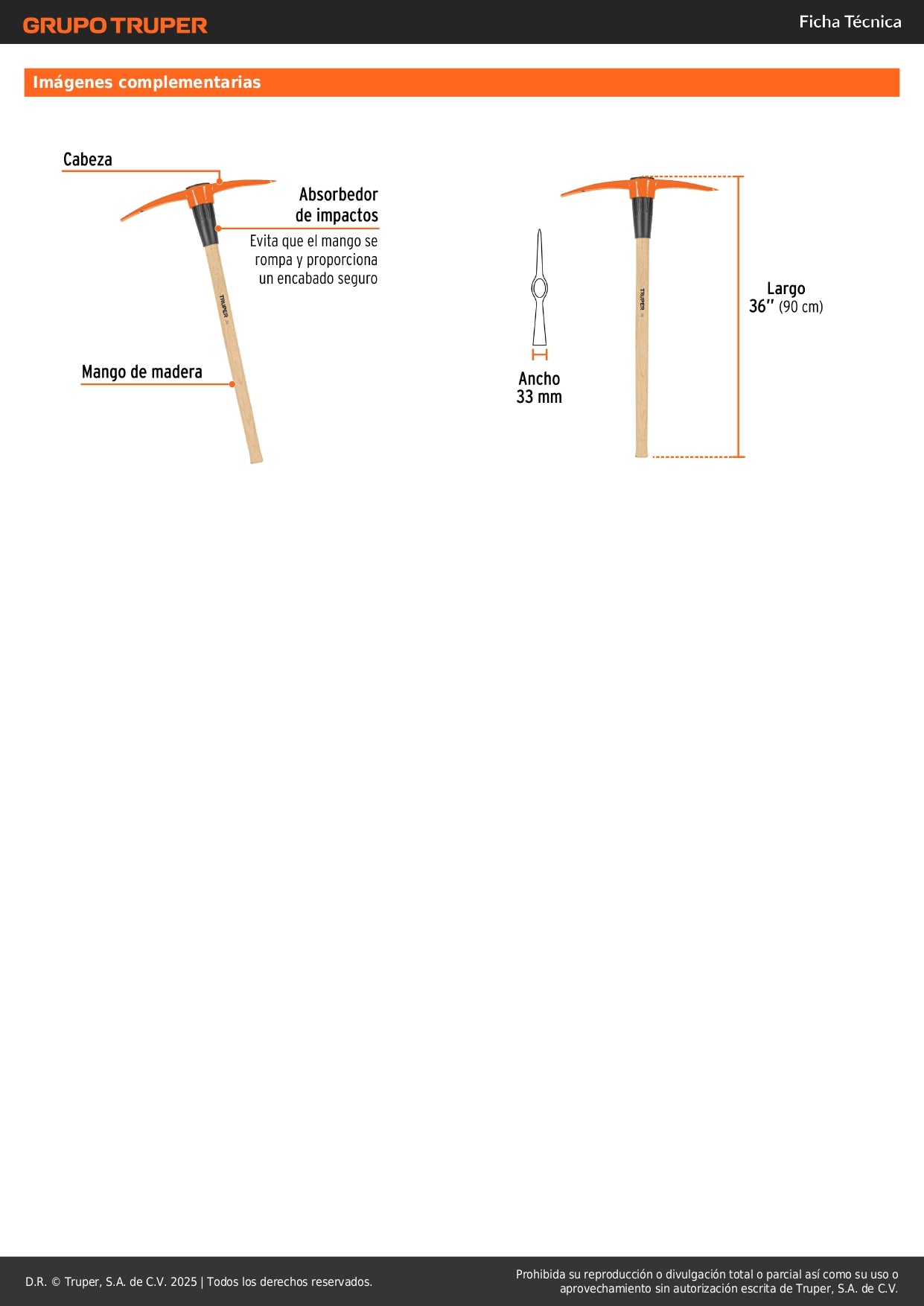 Zapapico Truper 5 lb Mango Madera 36" - Herramienta Profesional para Desenterrar Raíces y Romper Tierra Dura - ZP-5MM