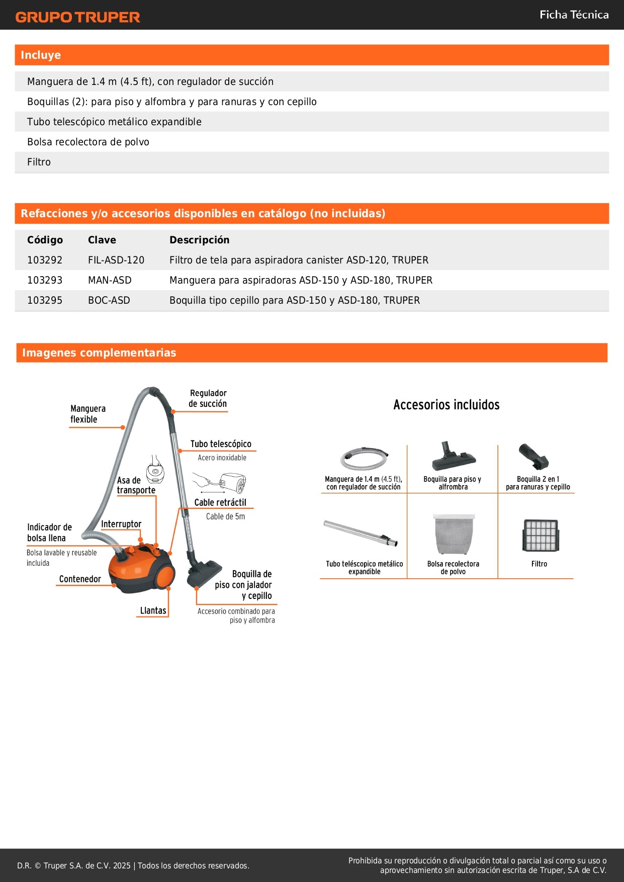 Aspiradora Canister TRUPER ASD-120 1200W - Solución Profesional para Limpieza Profunda con Motor Potente 1.6HP y Filtro Extraíble