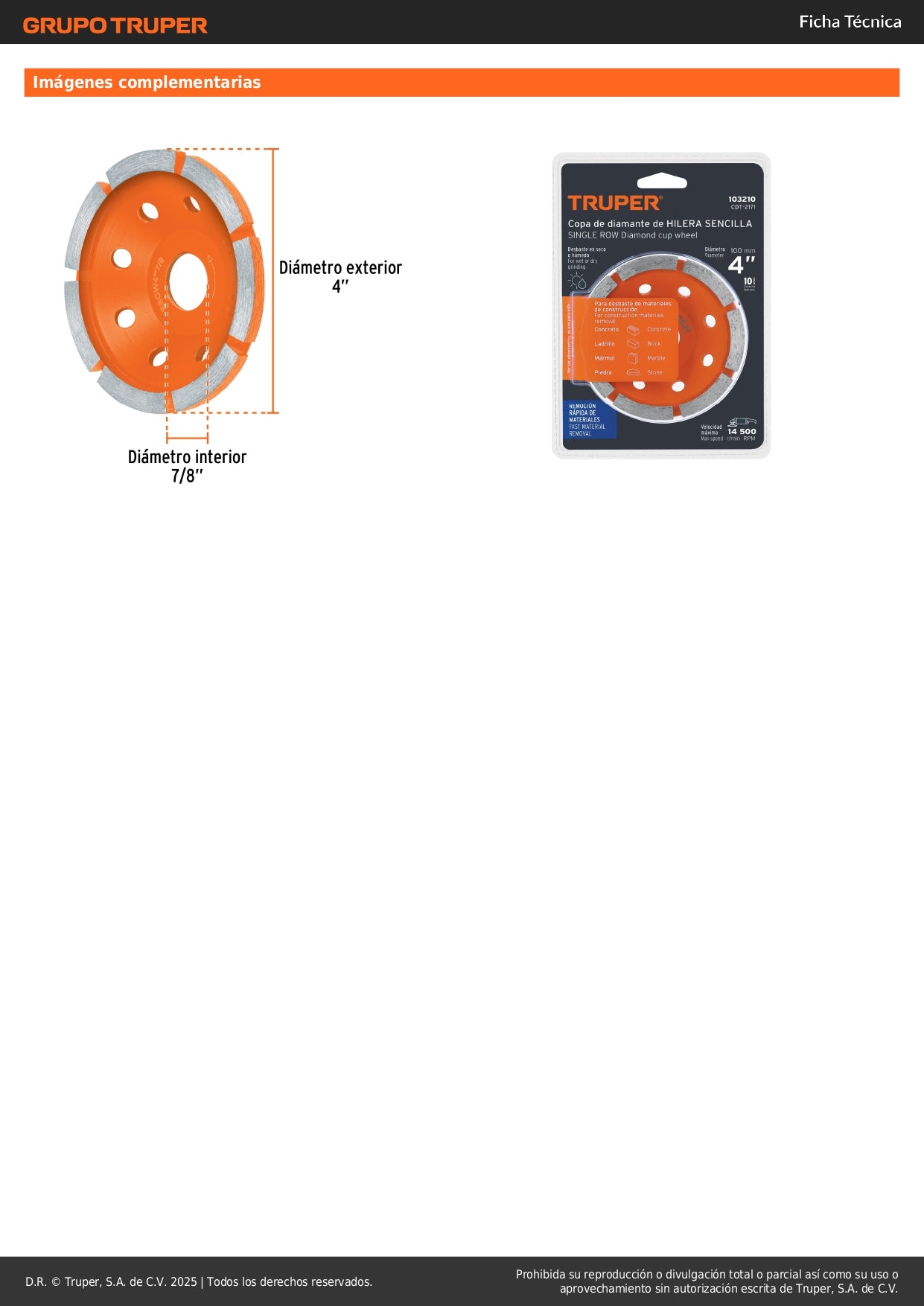 Copa de diamante 1 hilera 4" x 7/8", TRUPER