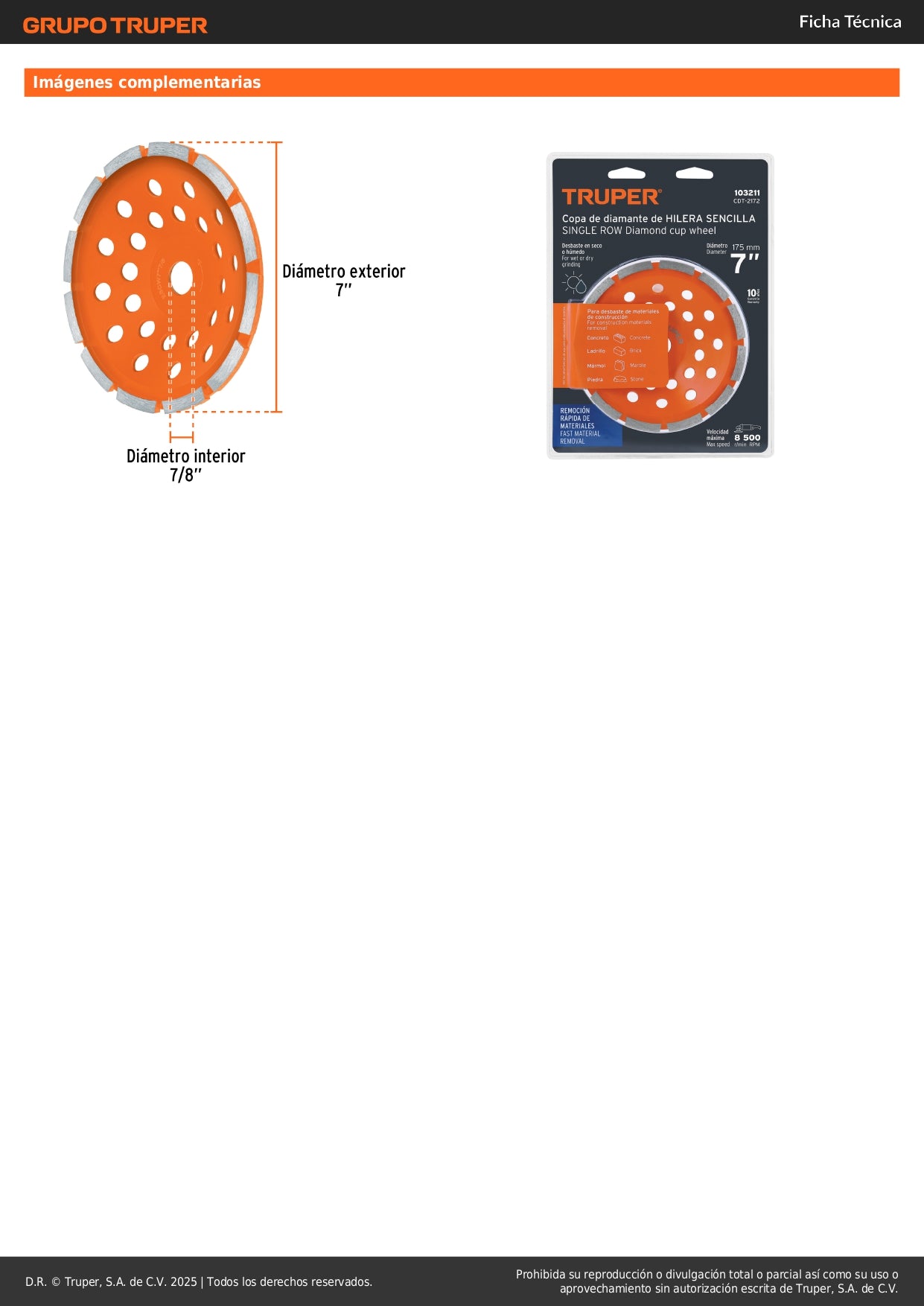 Copa de diamante 1 hilera 7" x 7/8", TRUPER