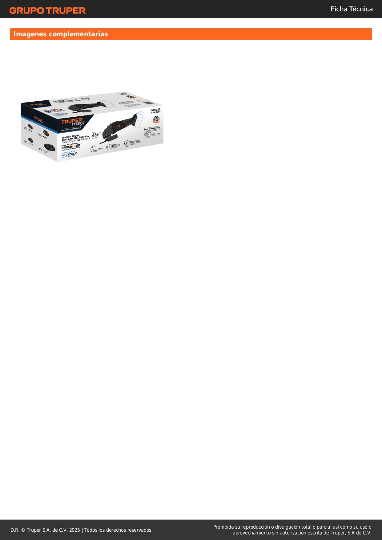 Esmeriladora Angular 4.5 Pulgadas 20V Brushless TRUPER MAX-20ES - Motor Sin Carbones para Cortar y Esmerilar Acero, Ladrillo, Azulejo y Piedra - Herramienta Profesional Inalámbrica