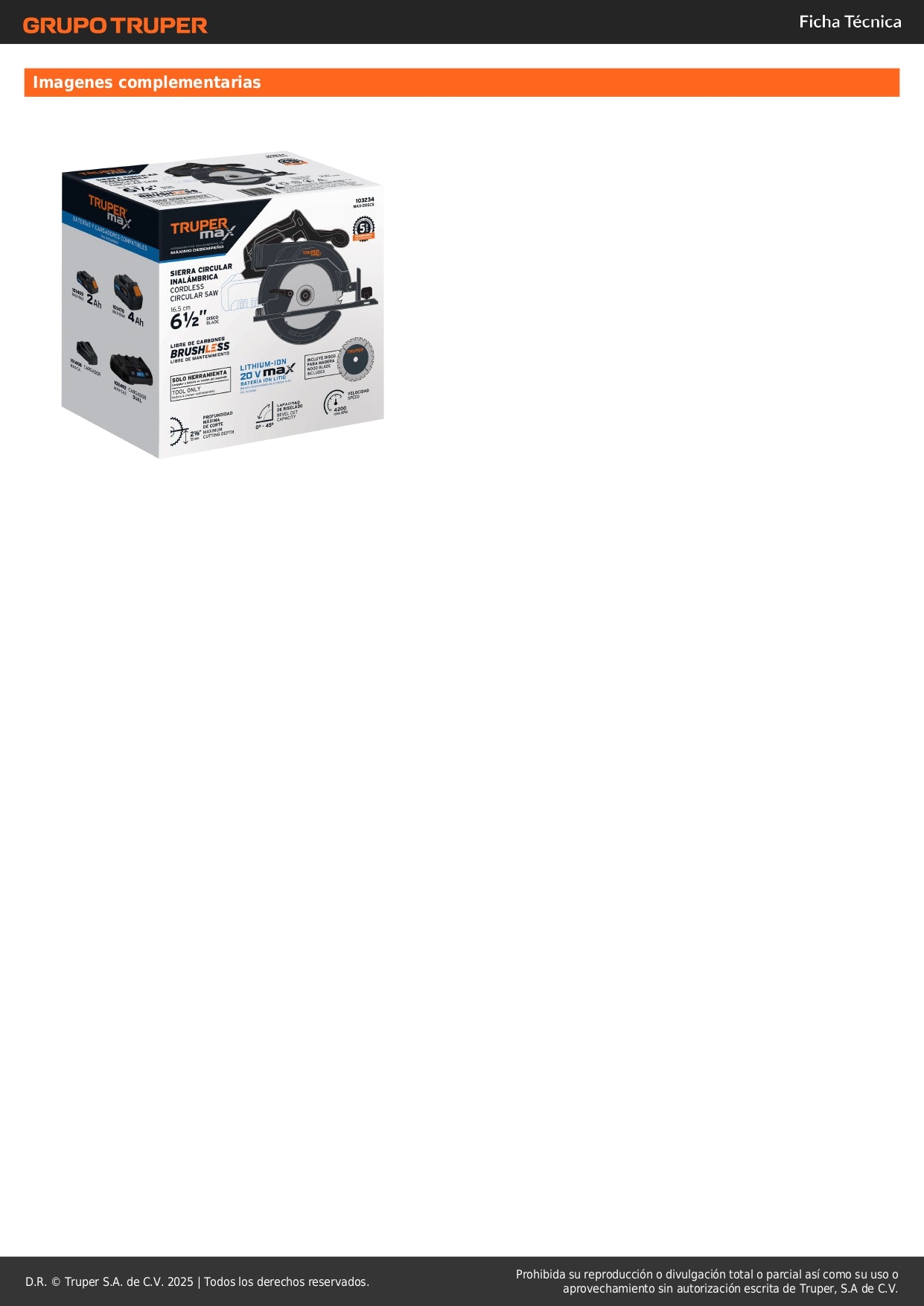 Sierra Circular 6-1/2" 20V Brushless TRUPER MAX-20SCS - Cortes Precisos Sin Mantenimiento para Carpintería Profesional