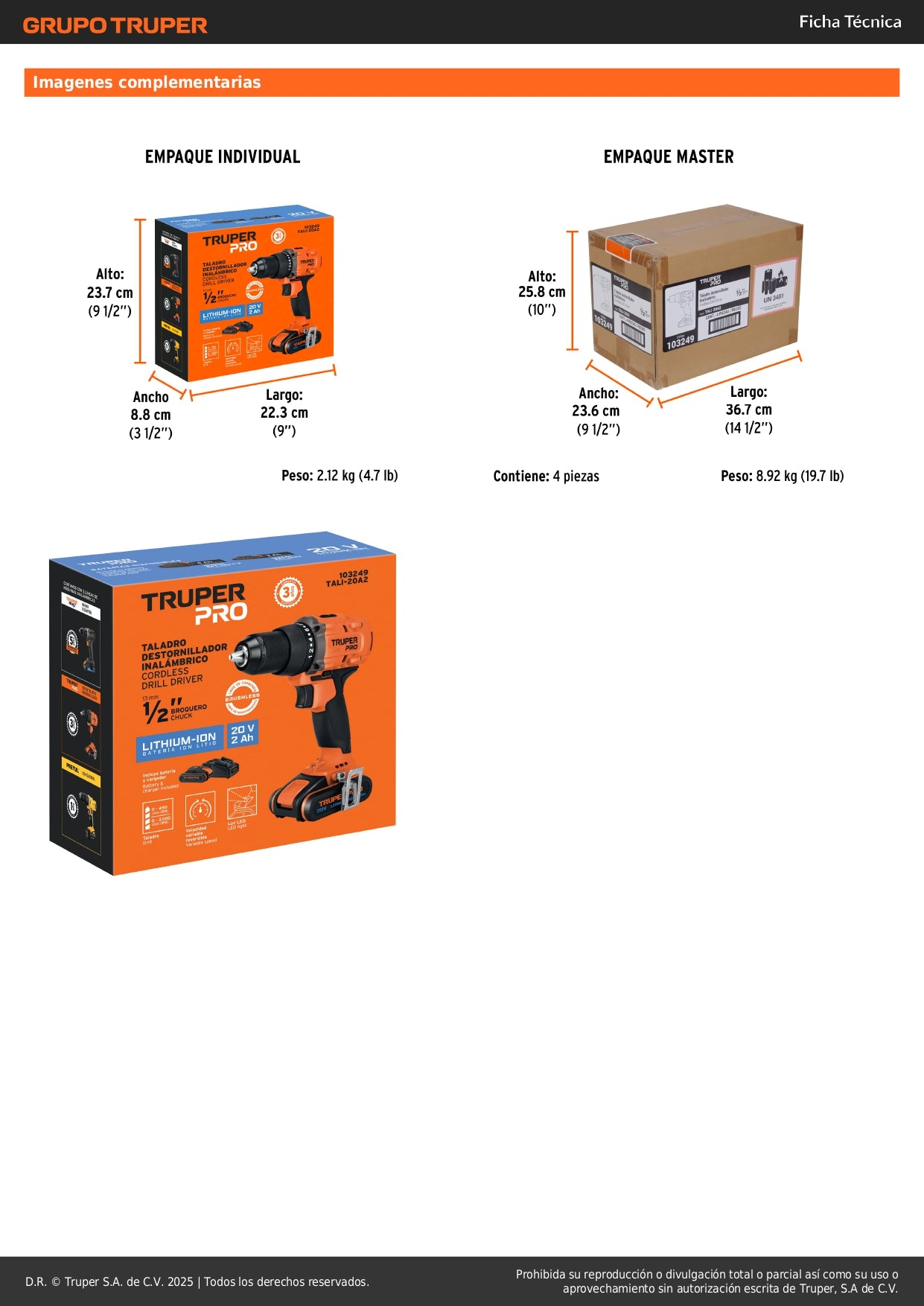 Taladro Inalámbrico 1/2 Pulgada 20V Brushless TRUPER PRO TALI-20A2 con Batería 2Ah - Motor Sin Carbones 2 Velocidades