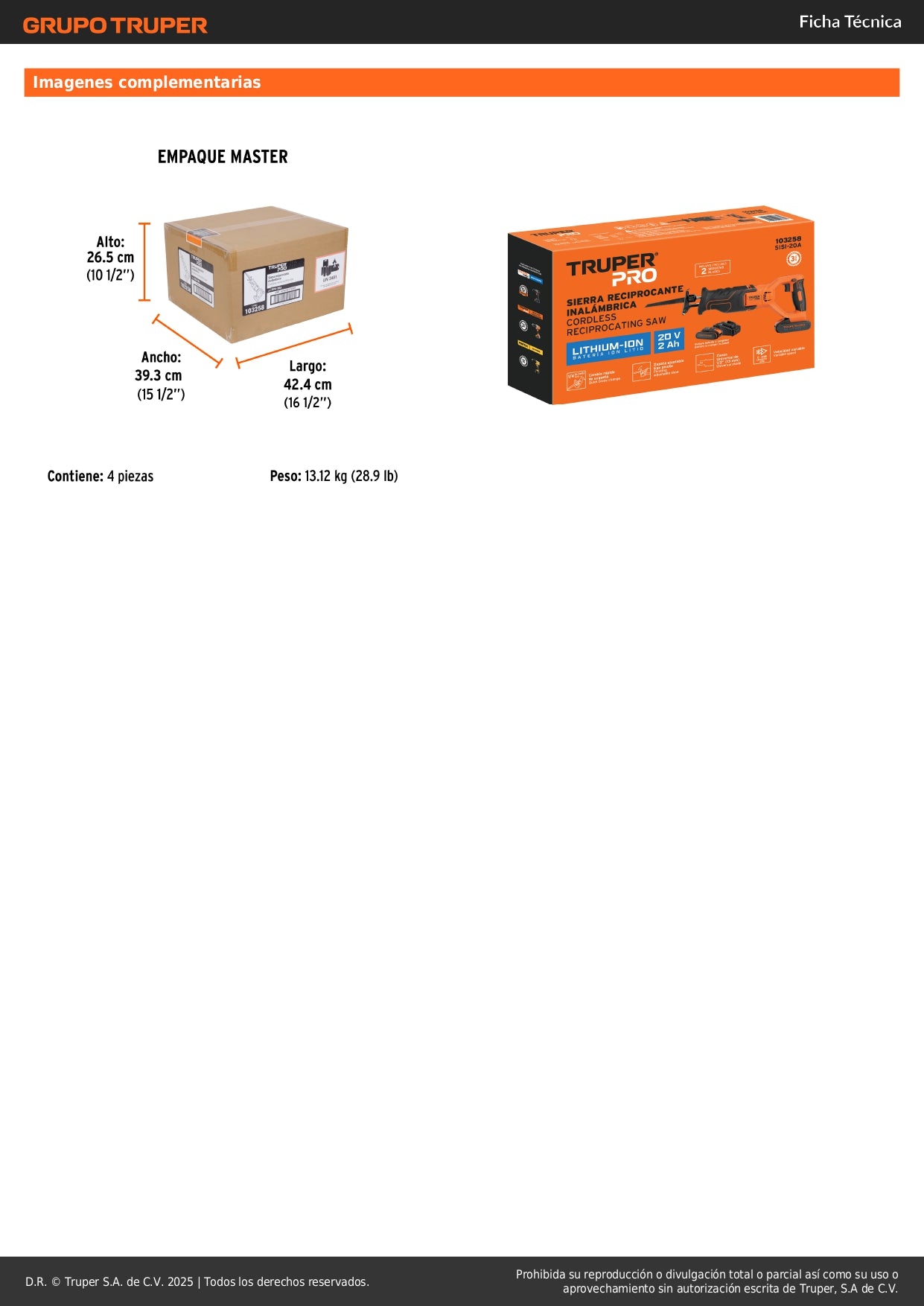 Sierra Sable 20V TRUPER PRO - Batería 2Ah - Cambio Rápido - Velocidad Variable SISI-20A