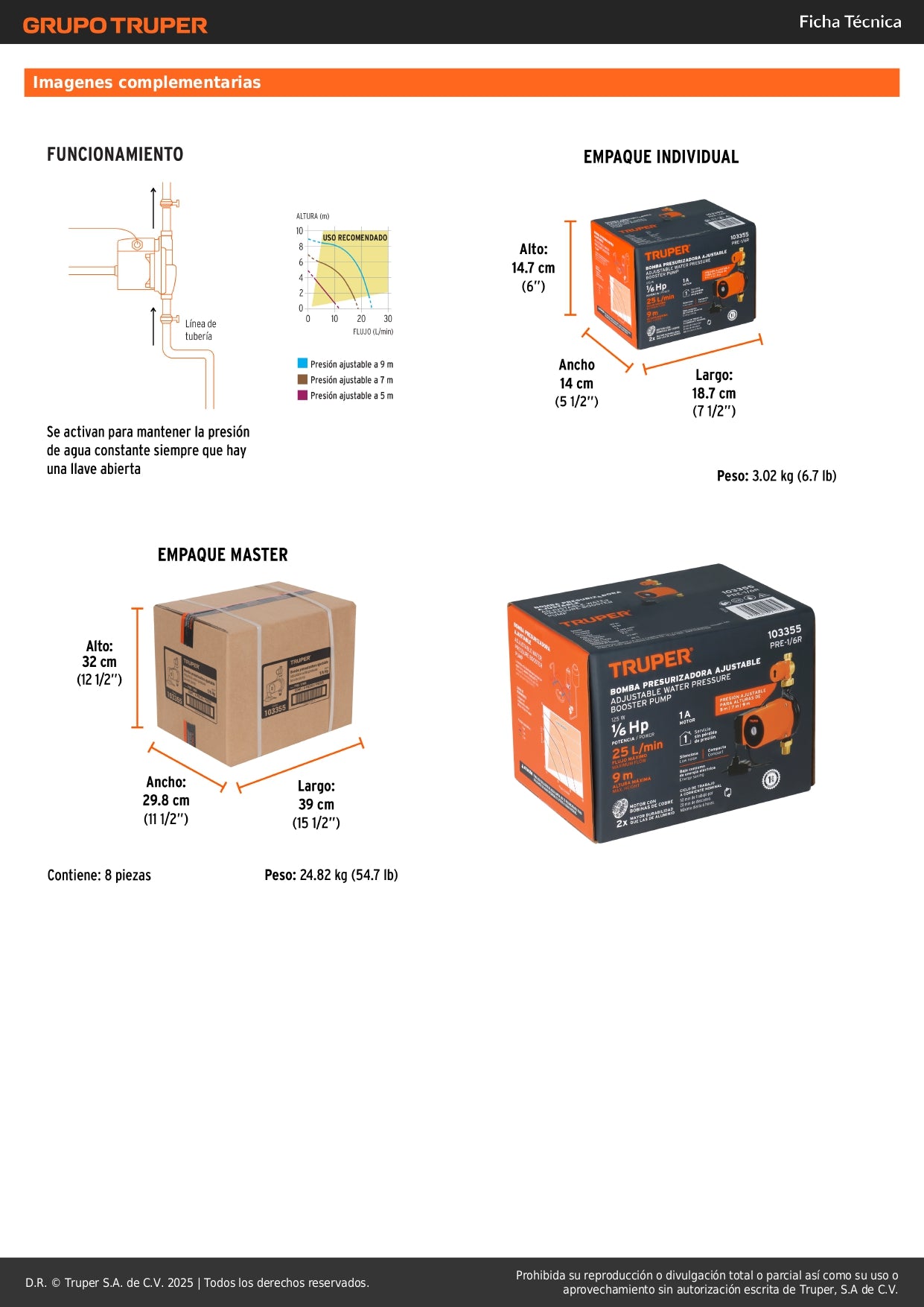 Bomba Presurizadora TRUPER 1/6 HP con Sensor Regulable - Solución Definitiva para Baja Presión de Agua Doméstica - 25 L/min - PRE-1/6R