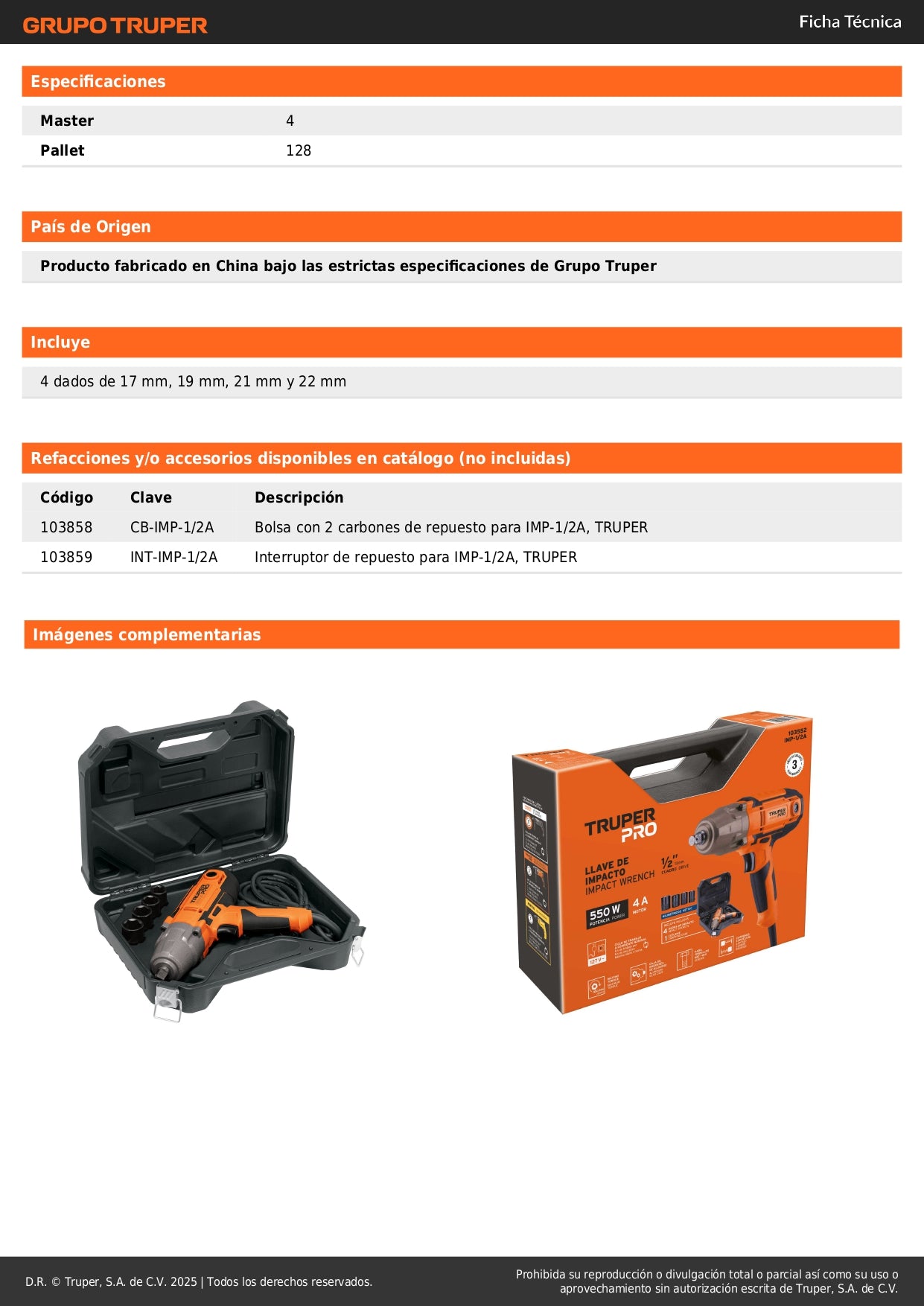 Llave de impacto 1/2" 550W, 258 ft/lb, TRUPER PRO