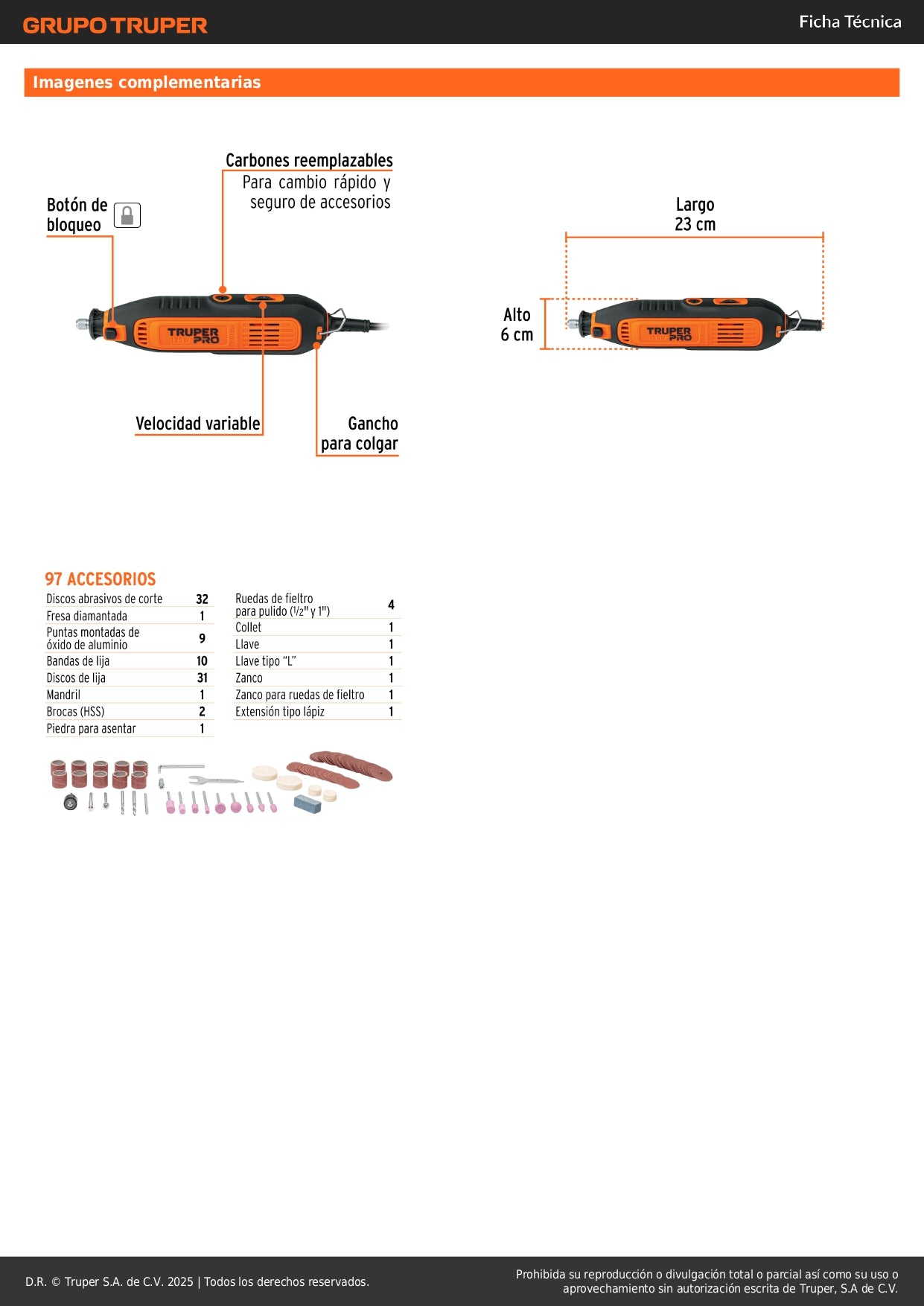 Herramienta Rotativa Multifuncional TRUPER PRO 135W con 97 Accesorios - Solución Completa para Pulir, Cortar, Esmerilar, Lijar y Cepillar - MOTO-A3