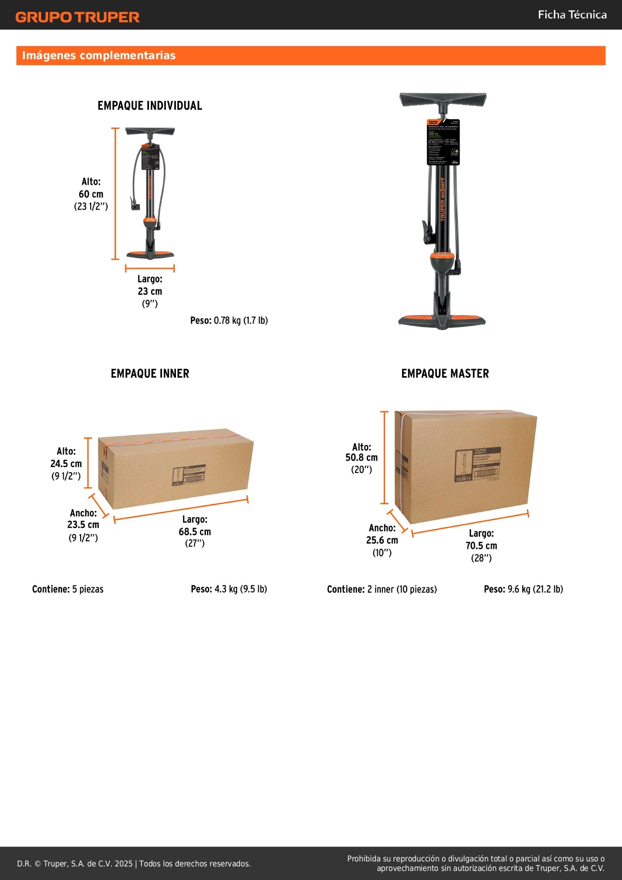 Bomba Manual con Manómetro TRUPER EXPERT 120 PSI - Inflador Universal para Bicicletas y Balones con Válvulas Presta, Schrader y Dunlop - Cuerpo Acero Carbón Antiderrapante