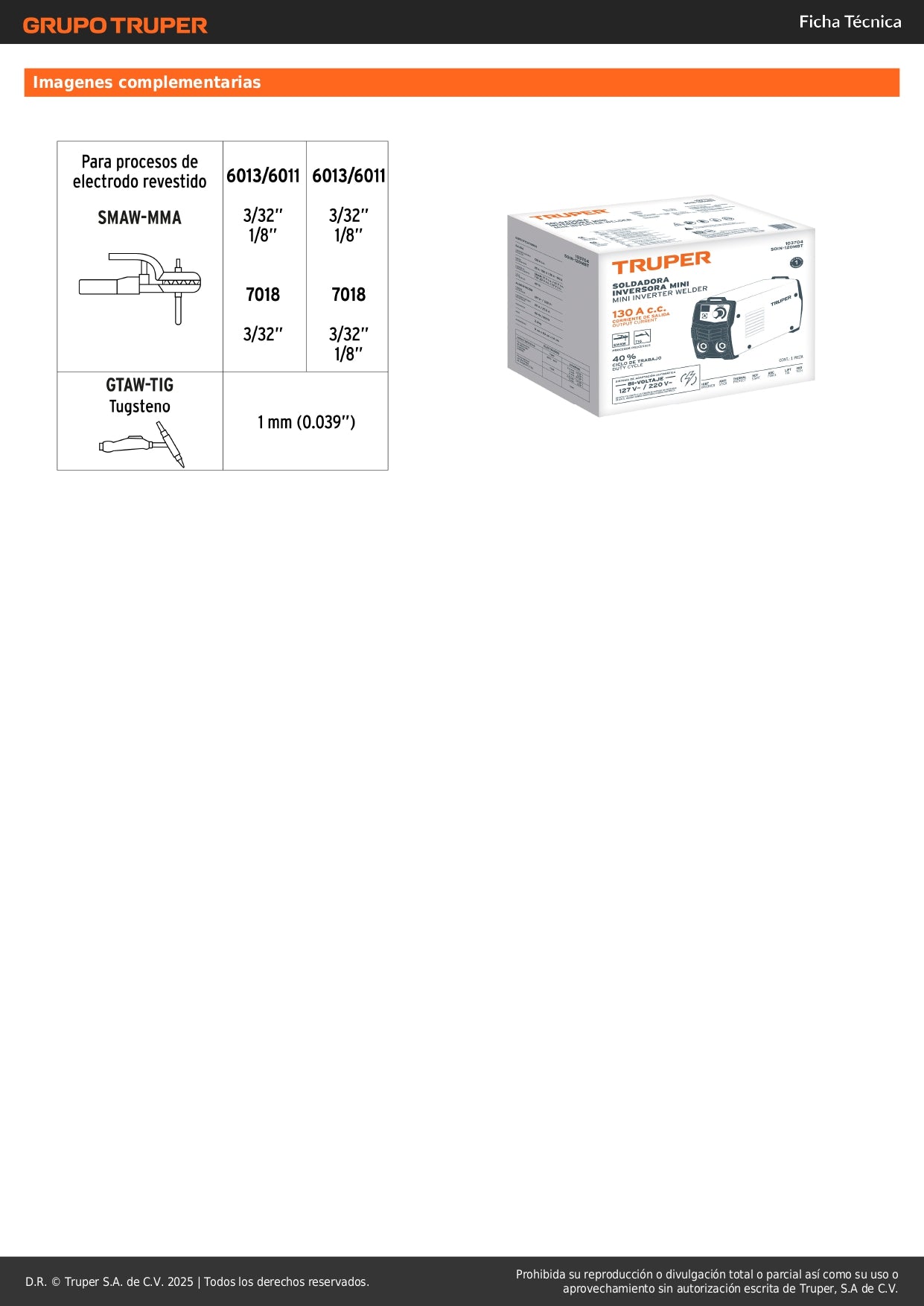 Mini Soldadora Inversora TRUPER 130A Bivoltaje 127/220V - Portátil y Eficiente para Soldadura Profesional SMAW TIG - SOIN-120MBT