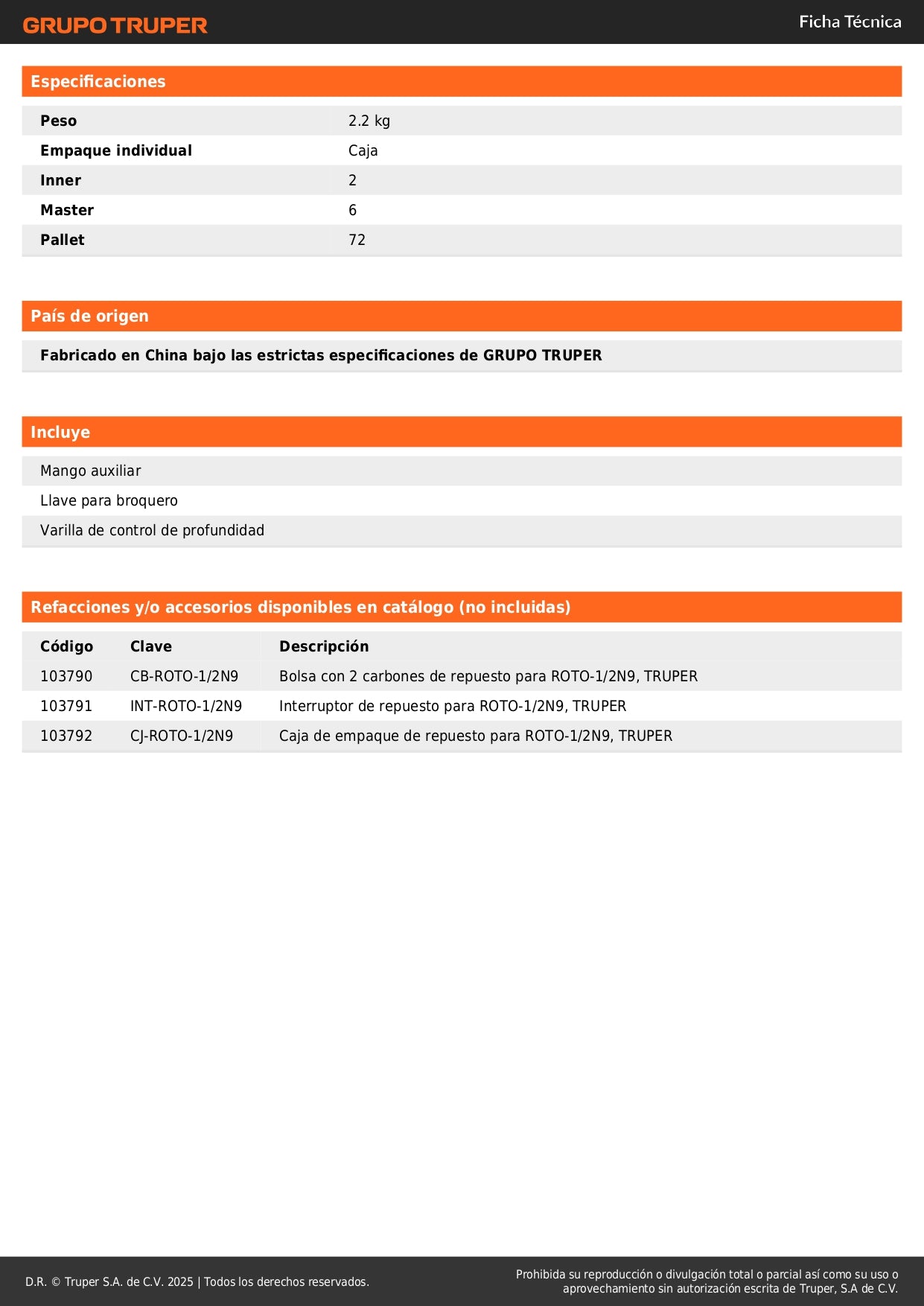 Rotomartillo TRUPER Industrial 1/2" 800W ROTO-1/2N9 - Motor Baleros Bolas Caja Aluminio