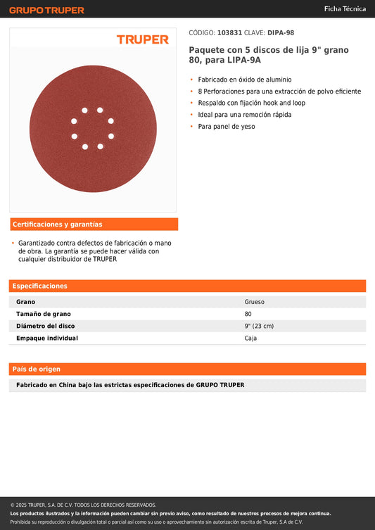 Paquete con 5 discos de lija 9" grano 80, para LIPA-9A
