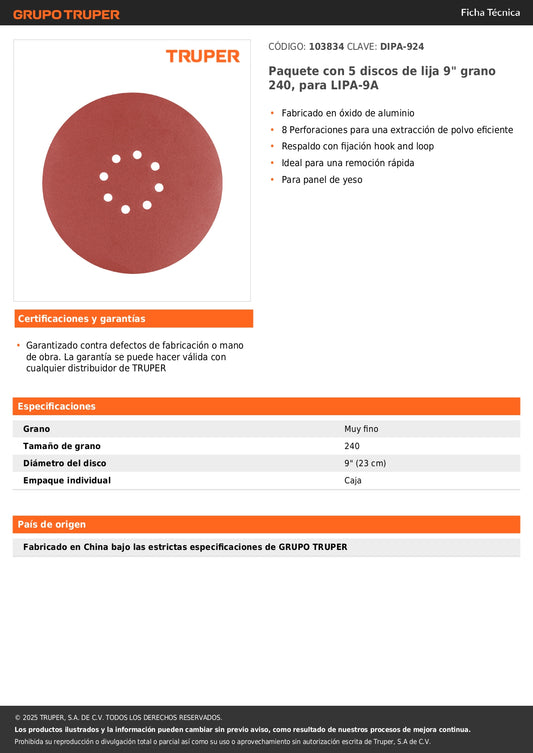 Paquete con 5 discos de lija 9" grano 240, para LIPA-9A