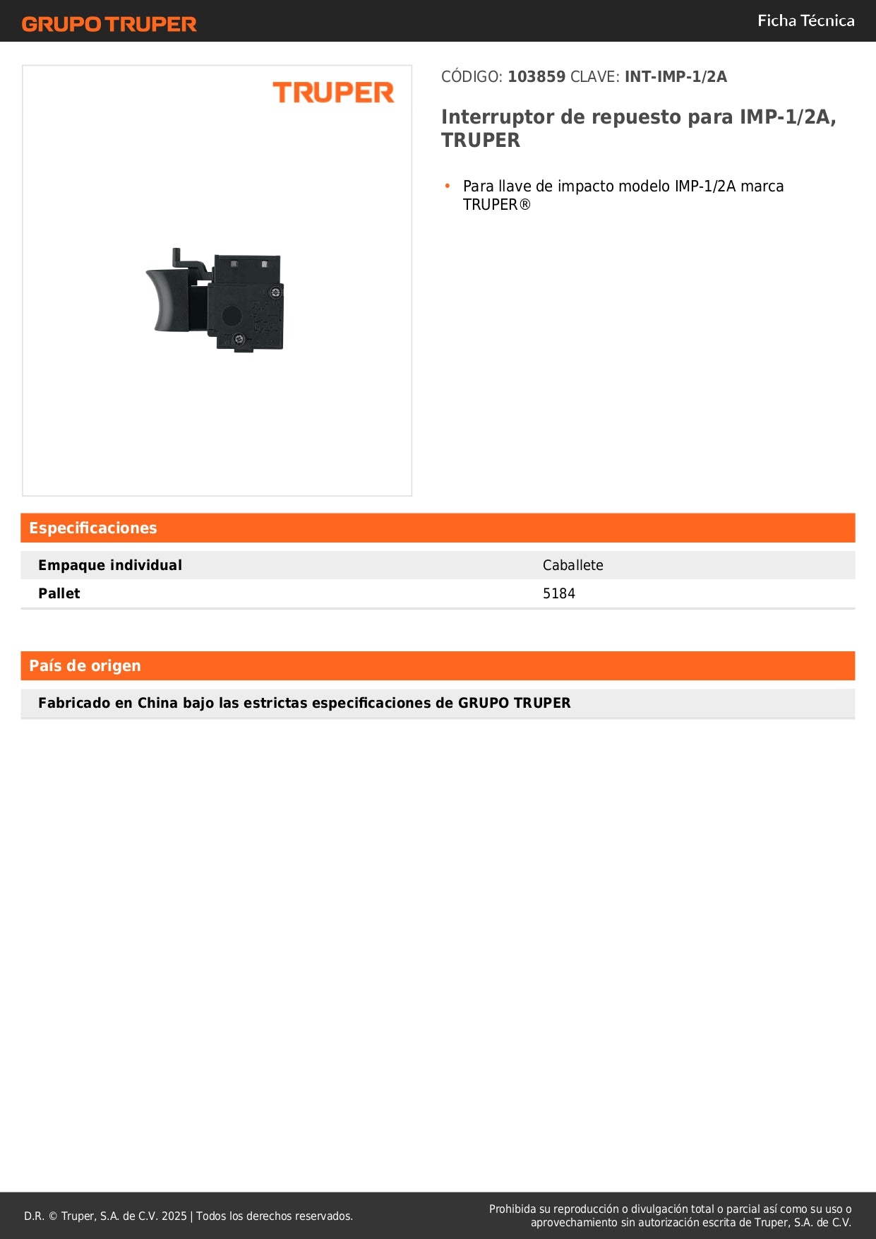 Interruptor de repuesto para IMP-1/2A, TRUPER