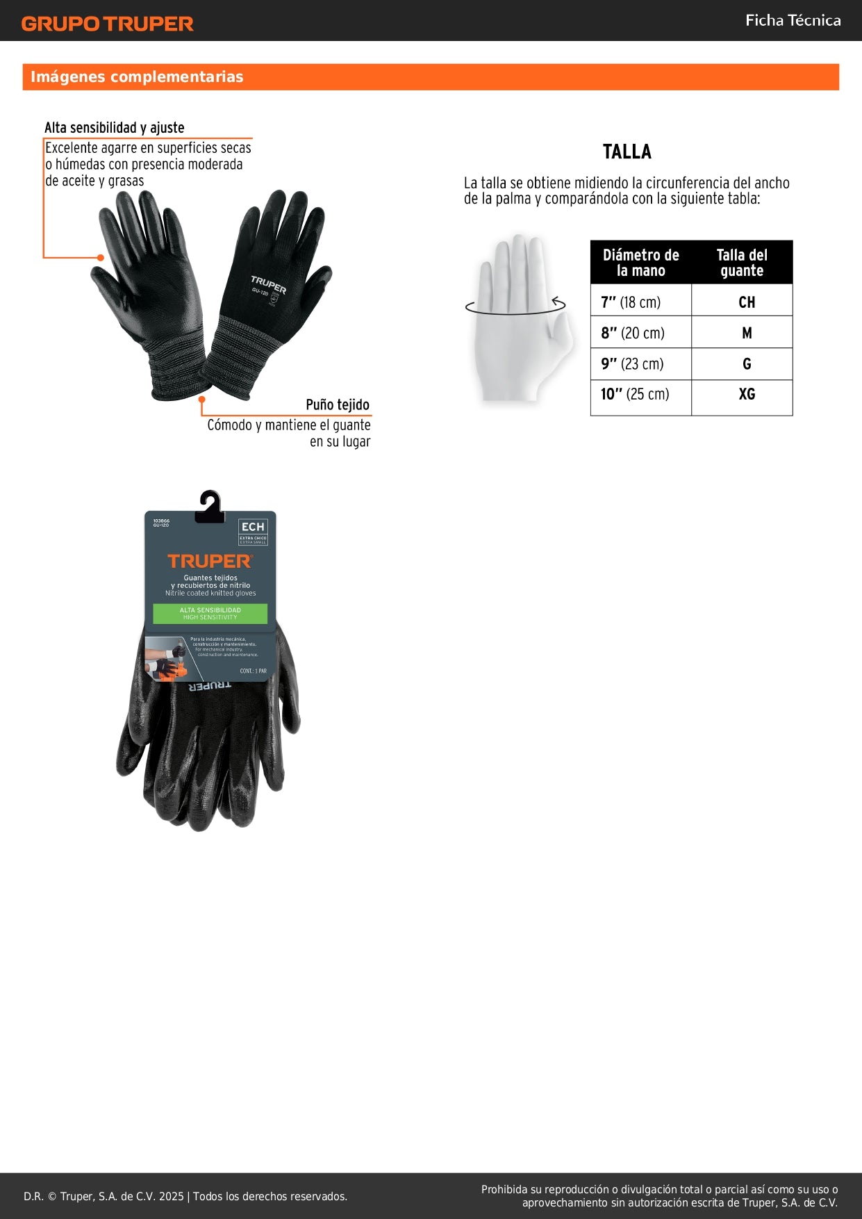Guantes de Trabajo Nylon con Recubrimiento Nitrilo GU-120 XCH Truper - Protección Anticortes Alta Sensibilidad para Procesos Húmedos y Secos con Aceites