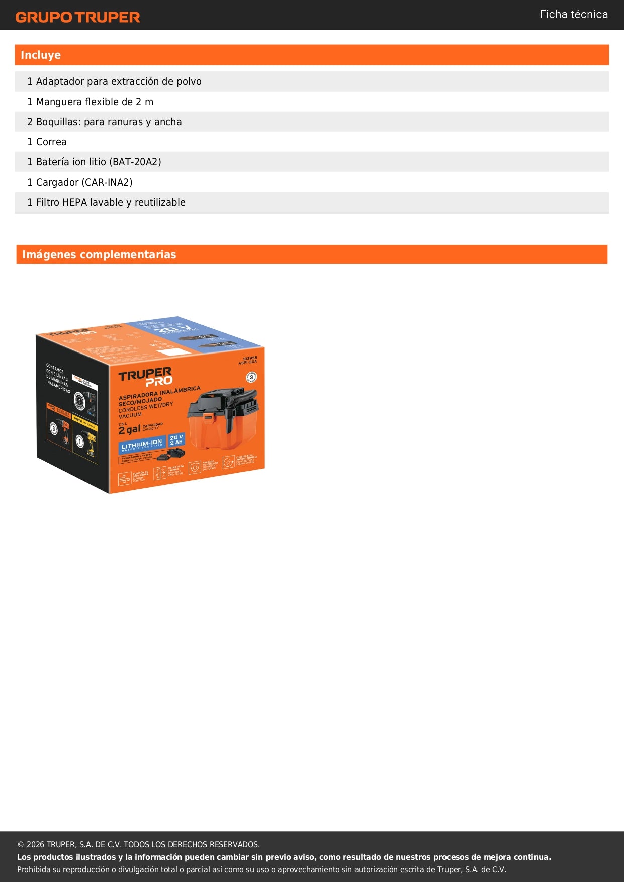 Aspiradora, 20V, 1 batería 2Ah, TRUPER PRO