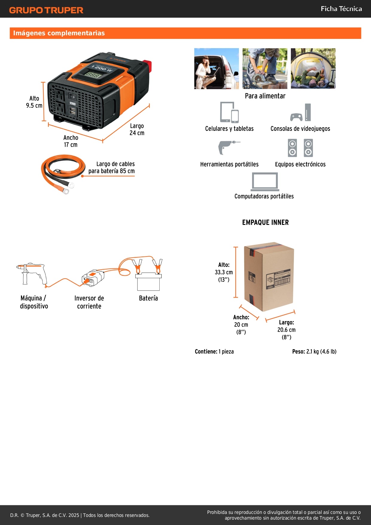 Inversor de Corriente 1200W Truper INCO-1000 - Convierte 12V a 120V con Puertos USB para Vehículos, Computadoras y Herramientas Portátiles