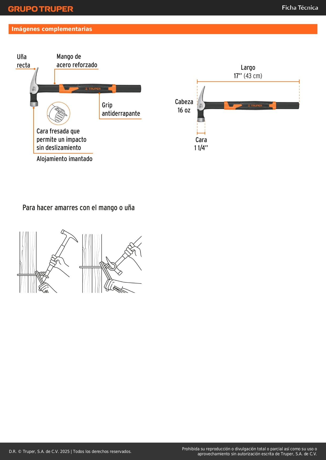 Martillo Tubular Cimbra 16 oz MCIM-16 - Mango Acero Antiderrapante, Cabeza Imantada, Uña Recta - Solución Profesional para Construcción y Carpintería