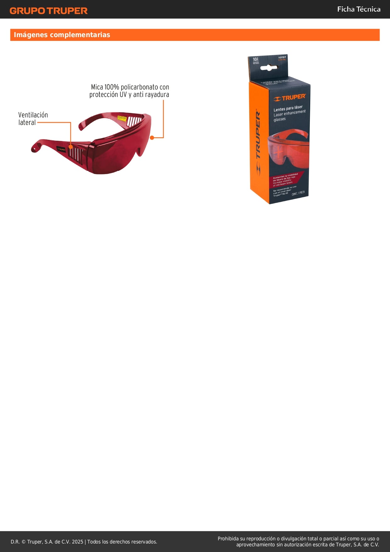Lentes de Seguridad Láser Rojo Truper LEN-NL - Protección UV Policarbonato para Niveles Láser