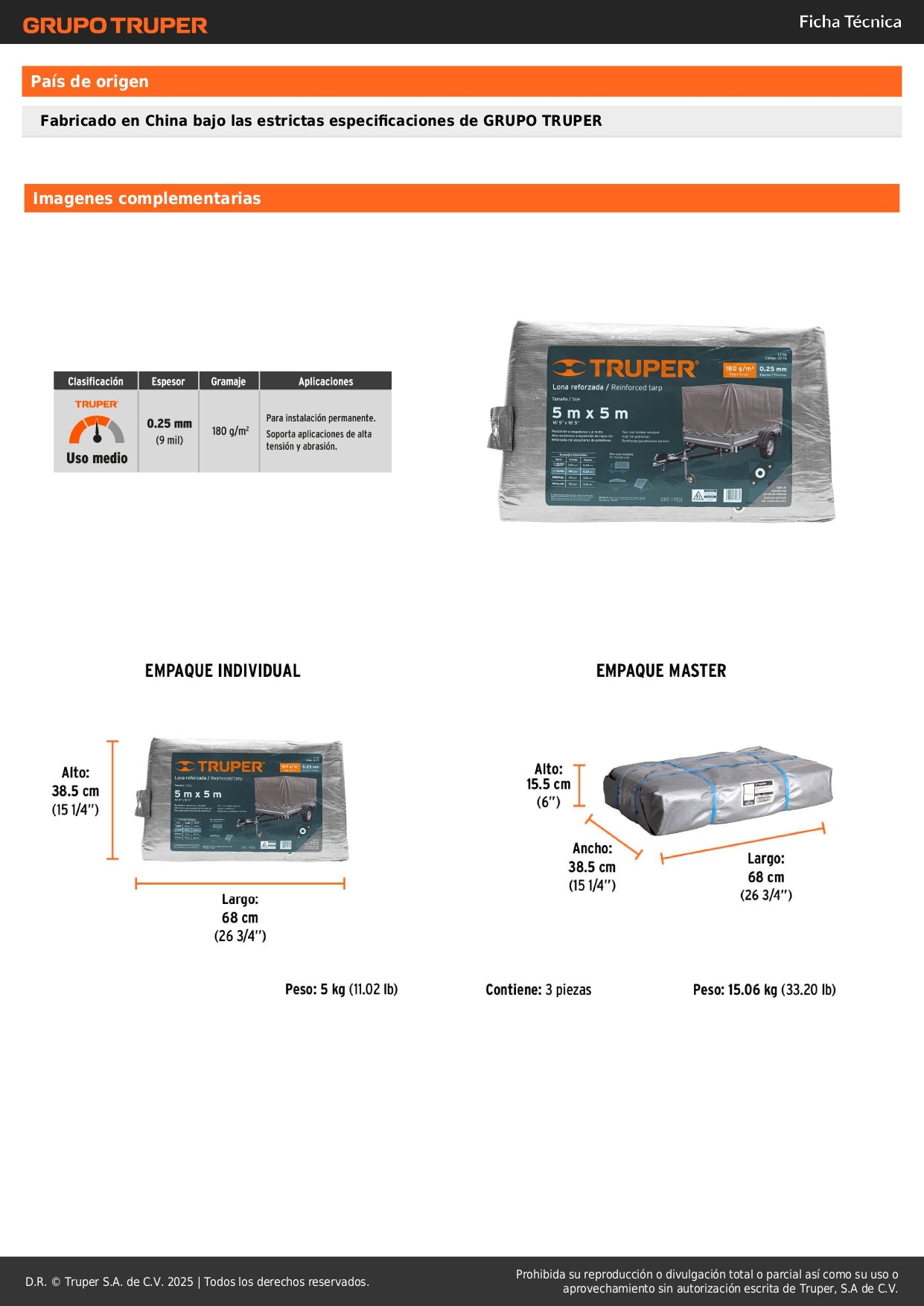 Lona de Polietileno Reforzada TRUPER 5x5m Gris 180g/m² - Protección UV Resistente a Rasgaduras y Moho para Exteriores - LT-55