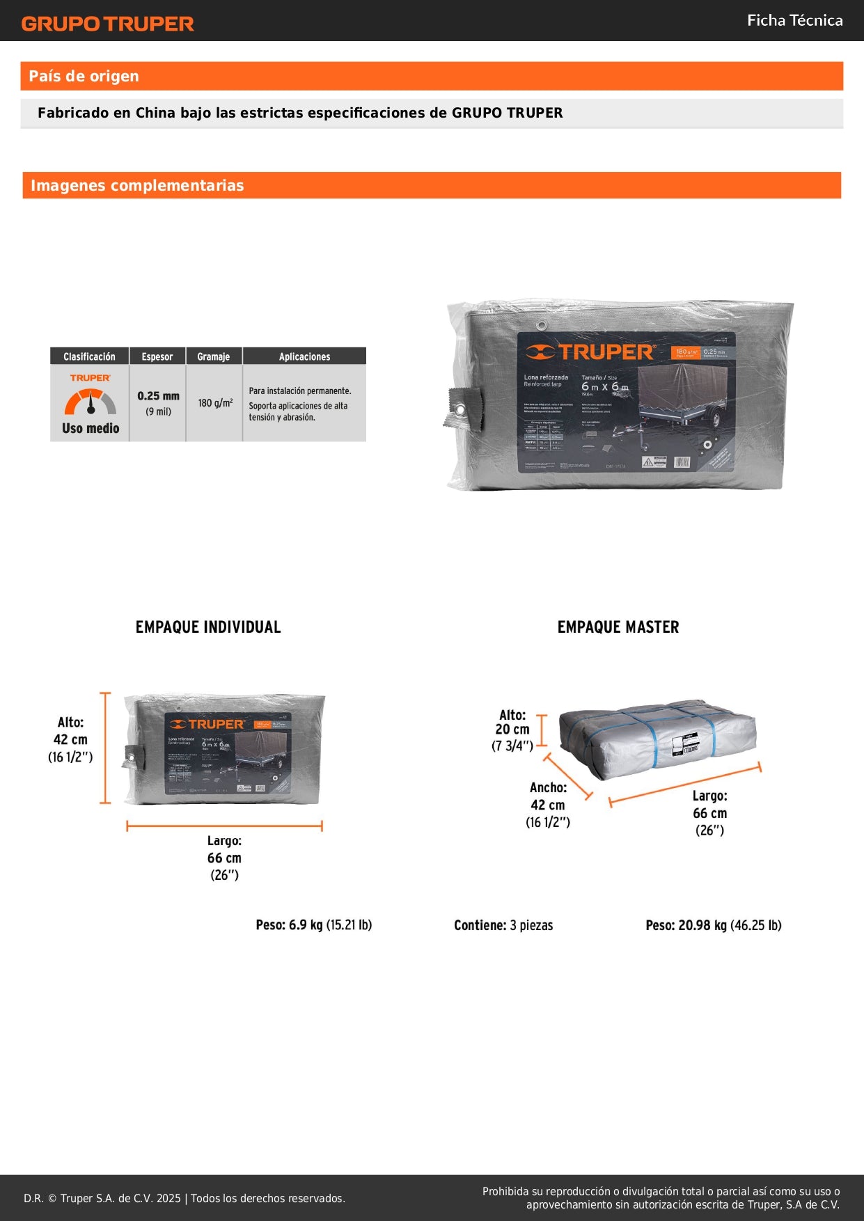 Lona Impermeable Reforzada 6x6m TRUPER LT-66 - Protección UV Resistente Rasgaduras Gris 180g/m2