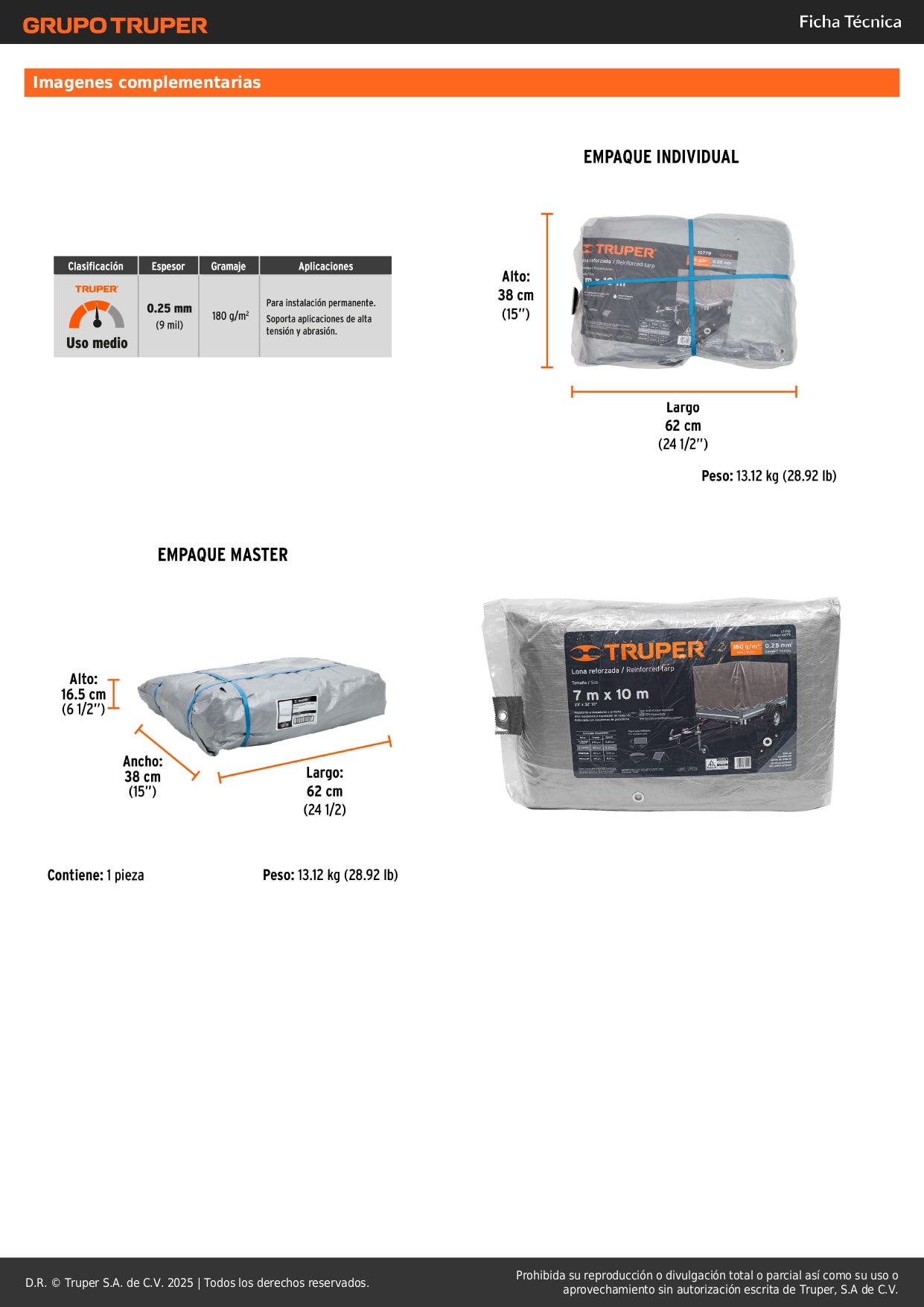 Lona Polietileno Reforzada 7x10m TRUPER LT-710 - Protección UV Resistente Rasgaduras Gris 180g/m2