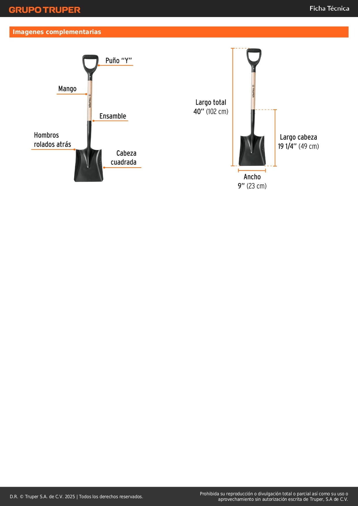 Pala Cuadrada Truper T-1000 Puño Y - Herramienta Profesional Acero Carbono para Excavación, Construcción y Jardinería - Mango Madera Resistente - PCY-PE