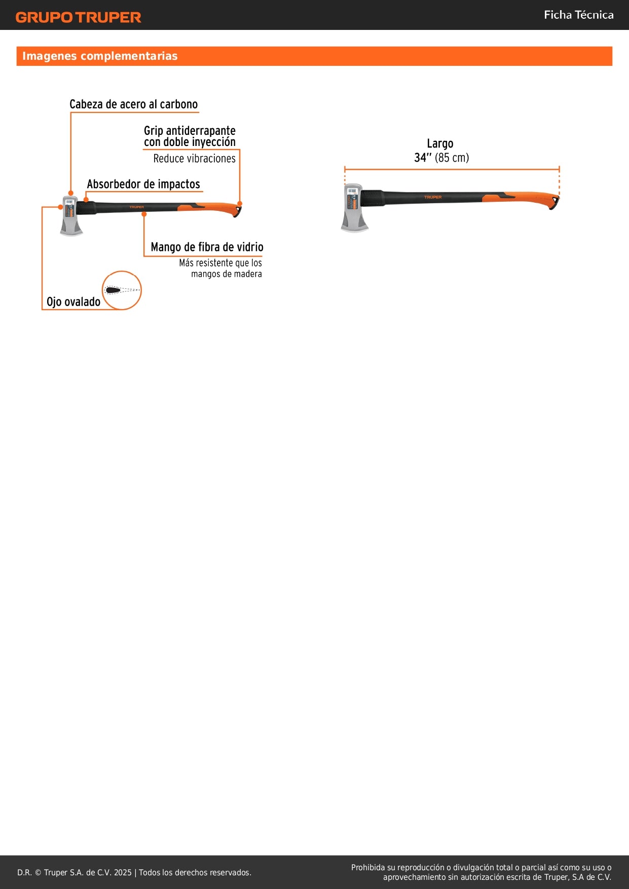 Hacha Michigan Truper 4 lb Fibra de Vidrio 34" - Herramienta Profesional para Talar Árboles y Partir Madera HM-4FX