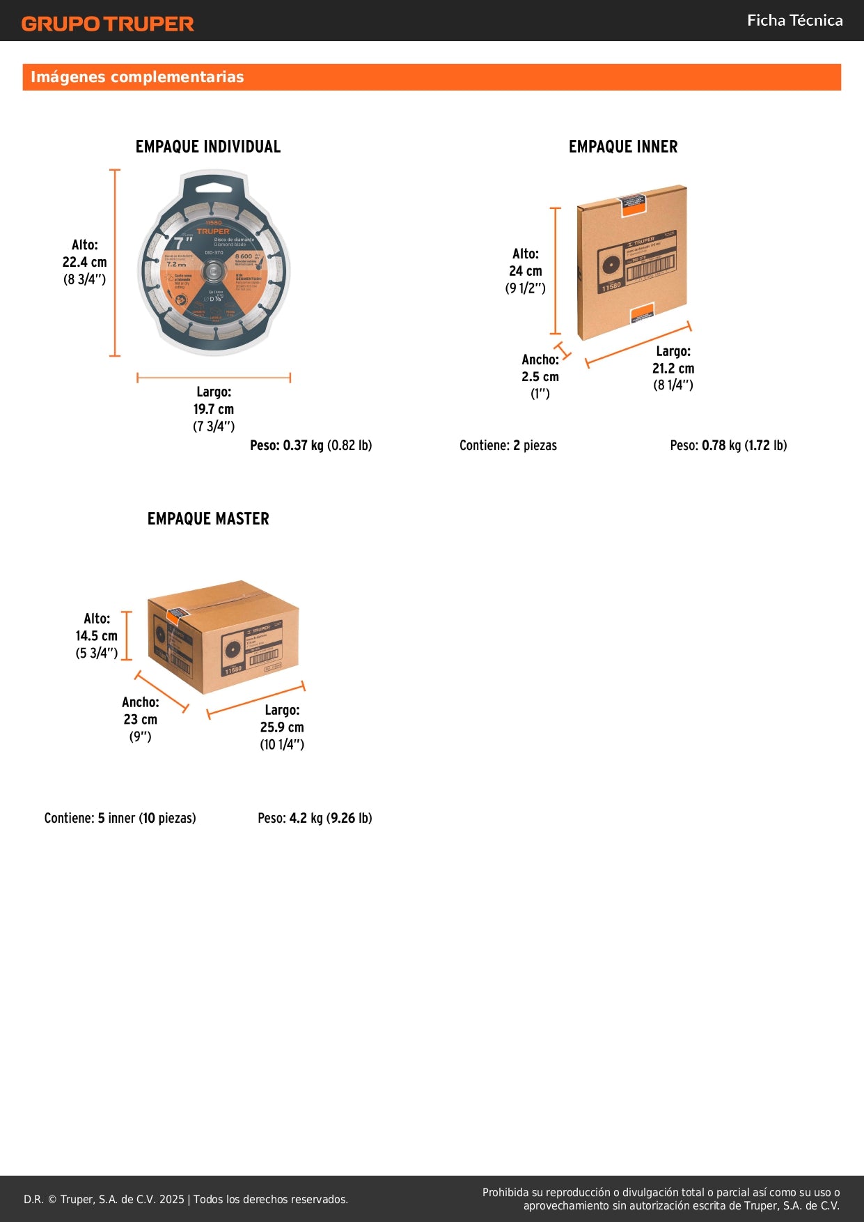 Disco de diamante de 7" x 2.5 mm, rin segmentado, TRUPER