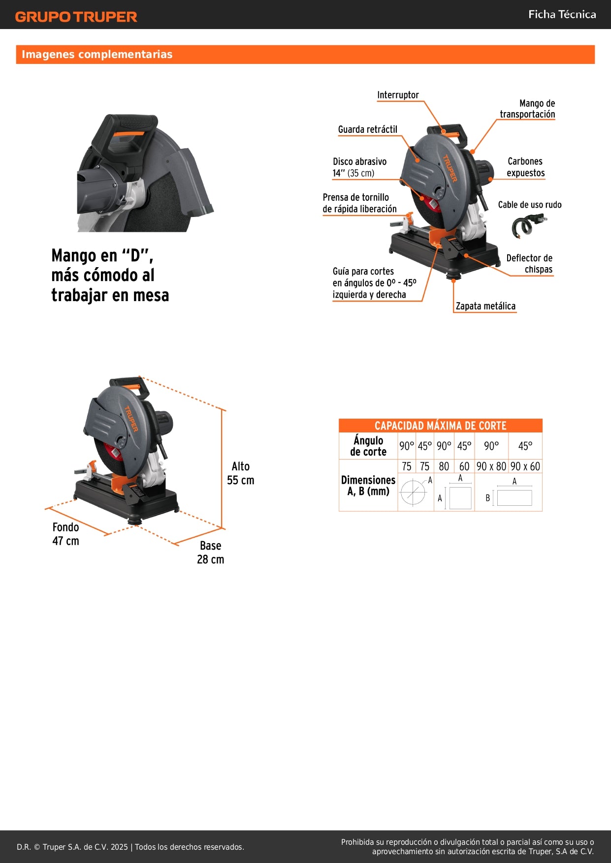 Tronzadora Cortadora de Metales 14 Pulgadas CM-14N 2200W - Cortes Precisos Angulares con Mango en D y Sistema Anti-Chispa TRUPER