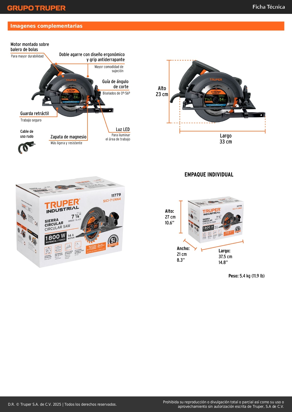 Sierra Circular Profesional TRUPER 7-1/4" 1800W SICI-7-1/4N4 - Motor Industrial con LED, Corte Bisel 56°, Zapata Magnesio - Solución Completa para Cortes Precisos en Madera